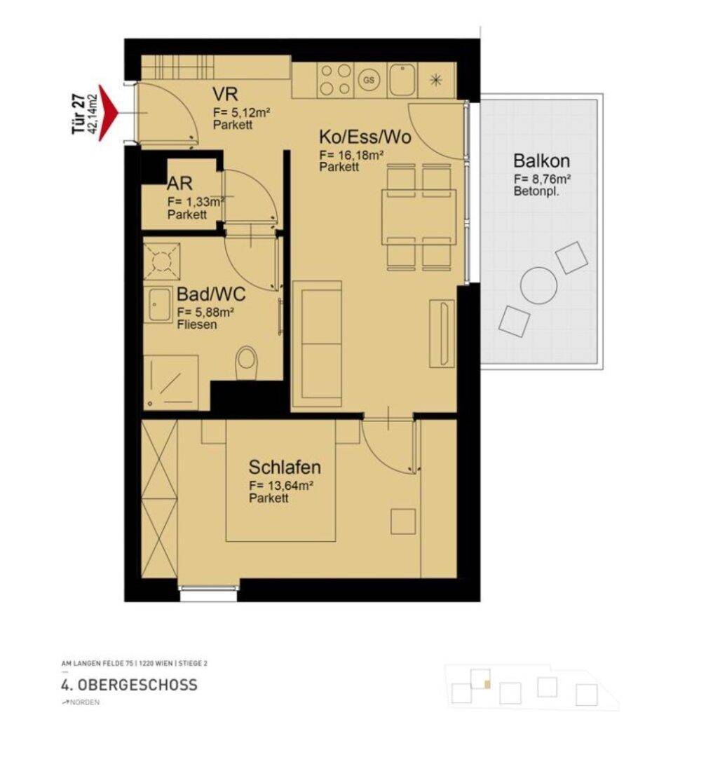 Grundriss einer Wohnung im 4. Obergeschoss mit Balkon und offenem Wohnbereich.