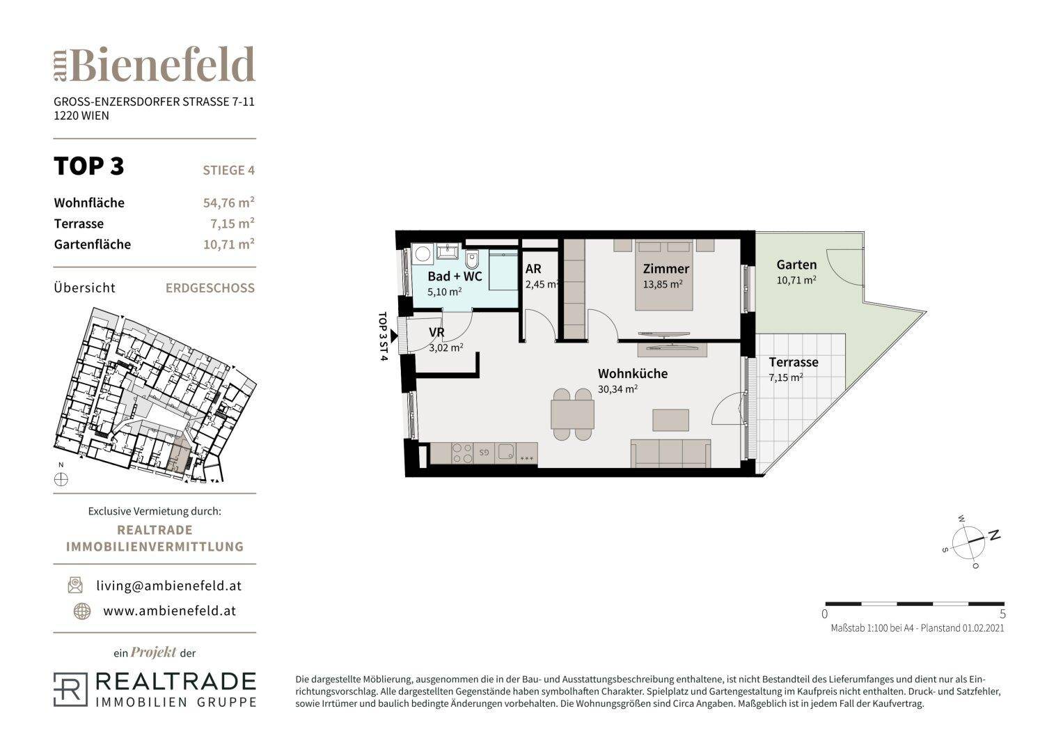 Detaillierter Grundriss der Wohnung Top 3 mit Terrasse und Gartenfläche im Erdgeschoss.