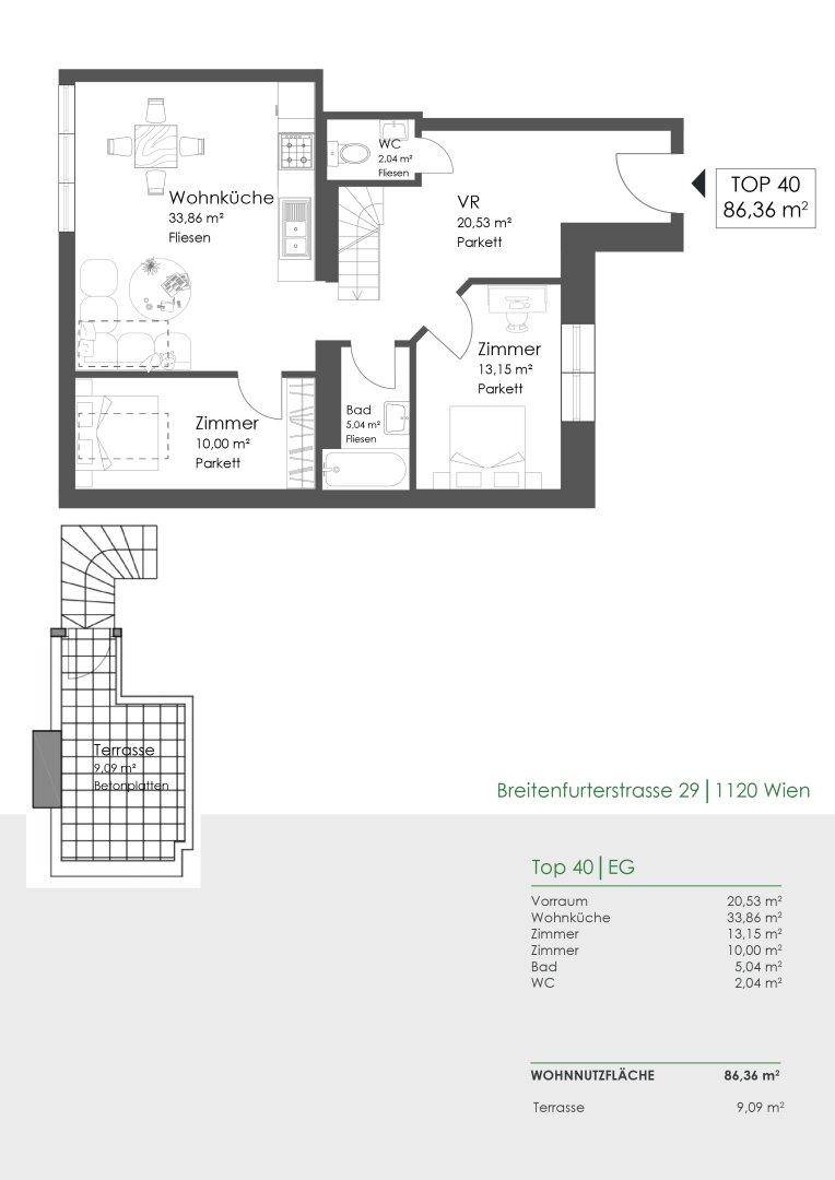 Detaillierter Grundriss der Wohnung Top 40 mit Terrasse und drei Zimmern.