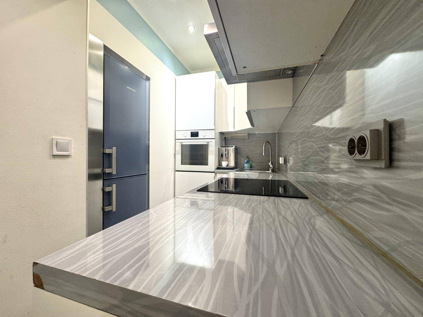 Funktionale Küche mit glänzenden Oberflächen, Induktionskochfeld und integriertem Kühlschrank.
