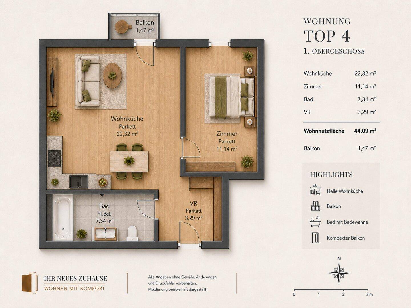 Detaillierter Grundriss der Wohnung Top 4 im ersten Obergeschoss mit Balkon.