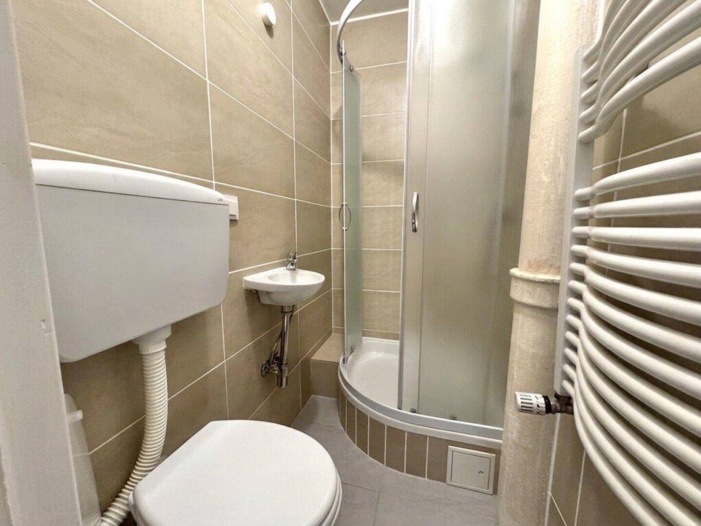 Kompaktes Badezimmer mit Duschkabine, WC, kleinem Waschbecken und beheiztem Handtuchhalter.