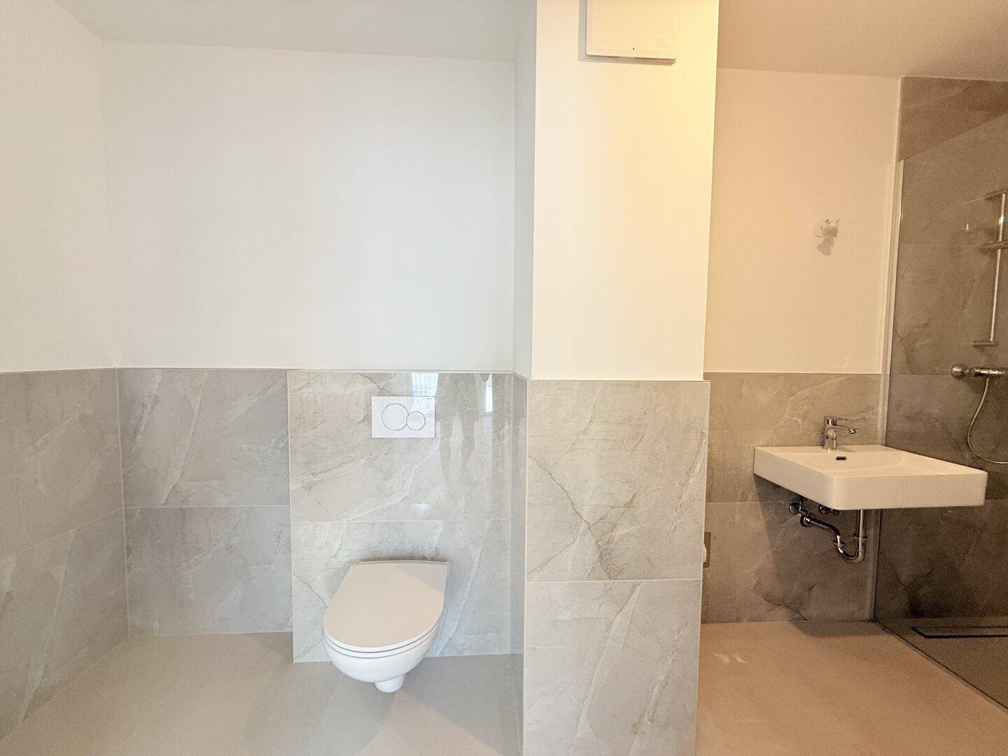 Modernes Badezimmer mit Wand-WC, Waschbecken und Duschbereich, in hellen Grautönen gehalten.