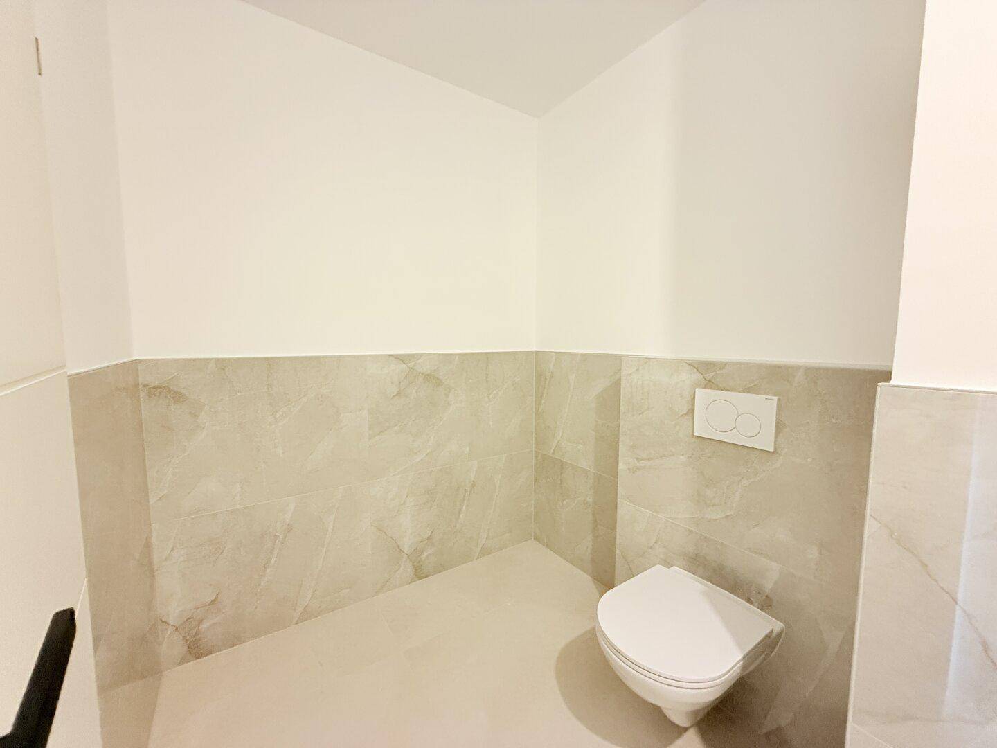 Separates WC mit Wand-Toilette und modernen Fliesen, in einem minimalistischen Design.