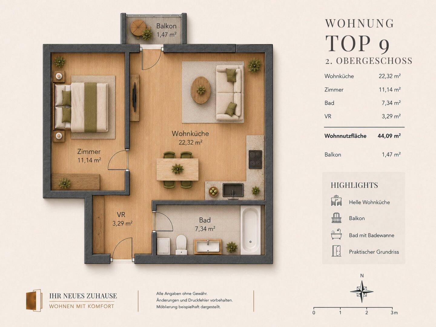 Detaillierter Grundriss der Wohnung Top 9 im 2. Obergeschoss mit Wohnküche und Balkon.