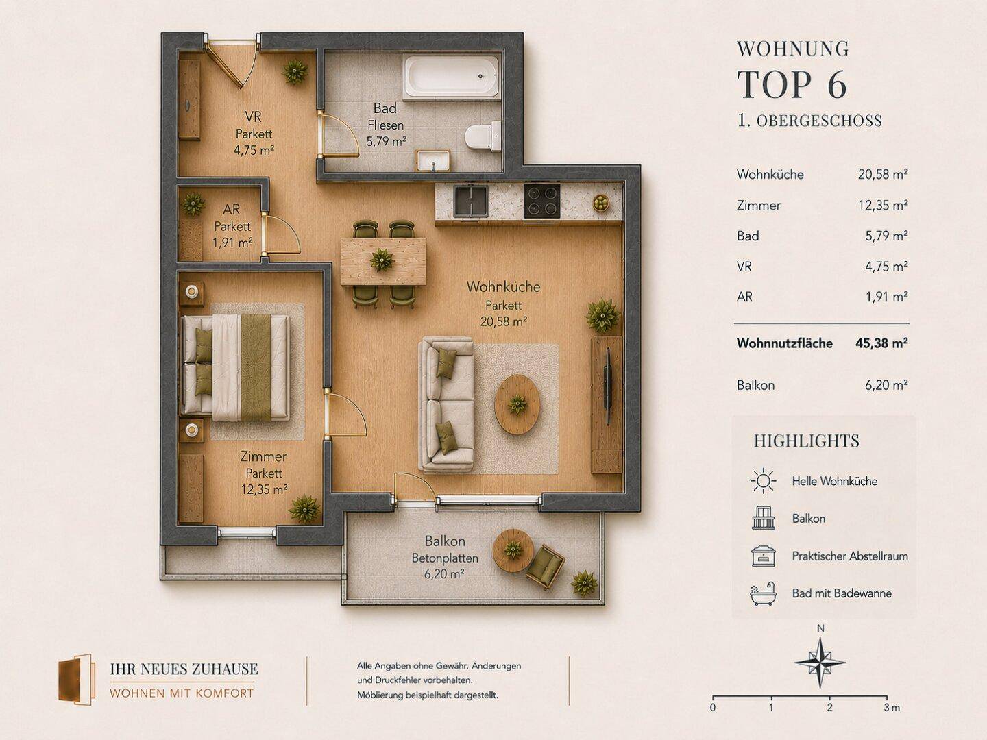 Detaillierter Grundriss der Wohnung Top 6 im ersten Obergeschoss mit Balkon.