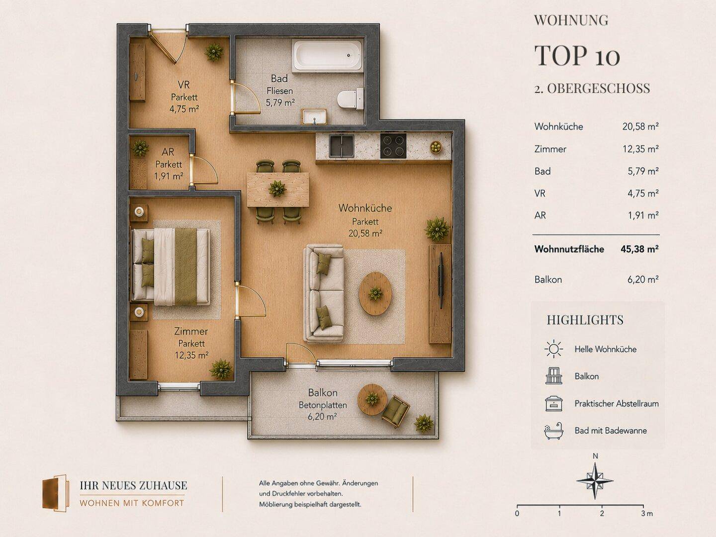 Detaillierter Grundriss der Wohnung Top 10 im zweiten Obergeschoss mit Balkon und offener Wohnküche.