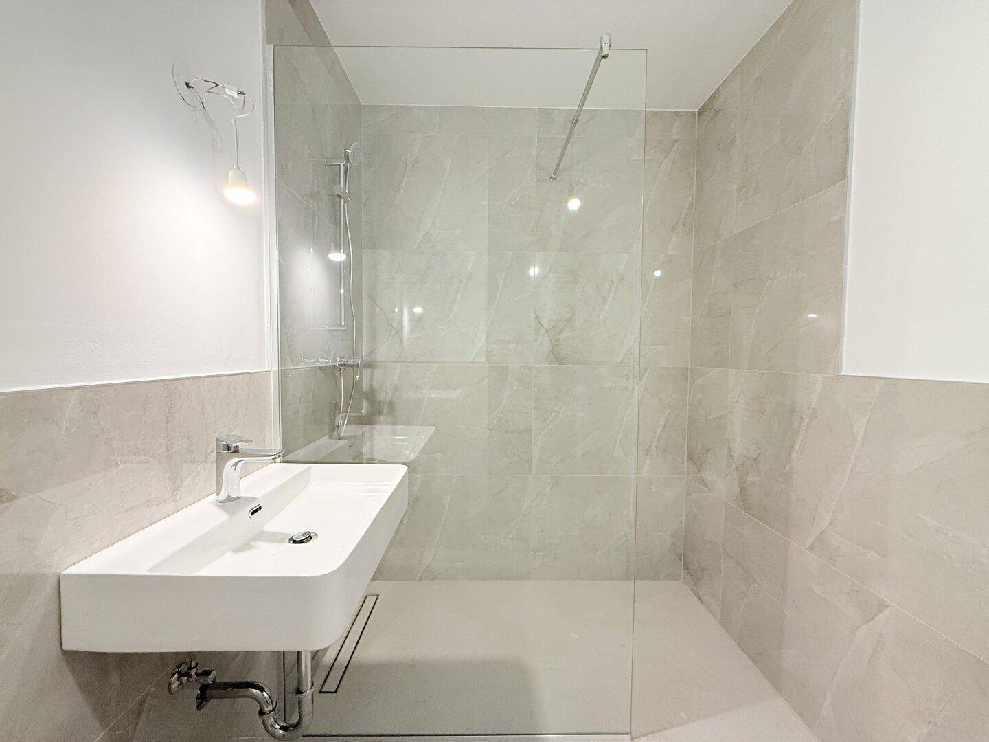 Zeitgemäßes Badezimmer mit breitem Waschbecken und großer, begehbarer Dusche mit Glaswand.