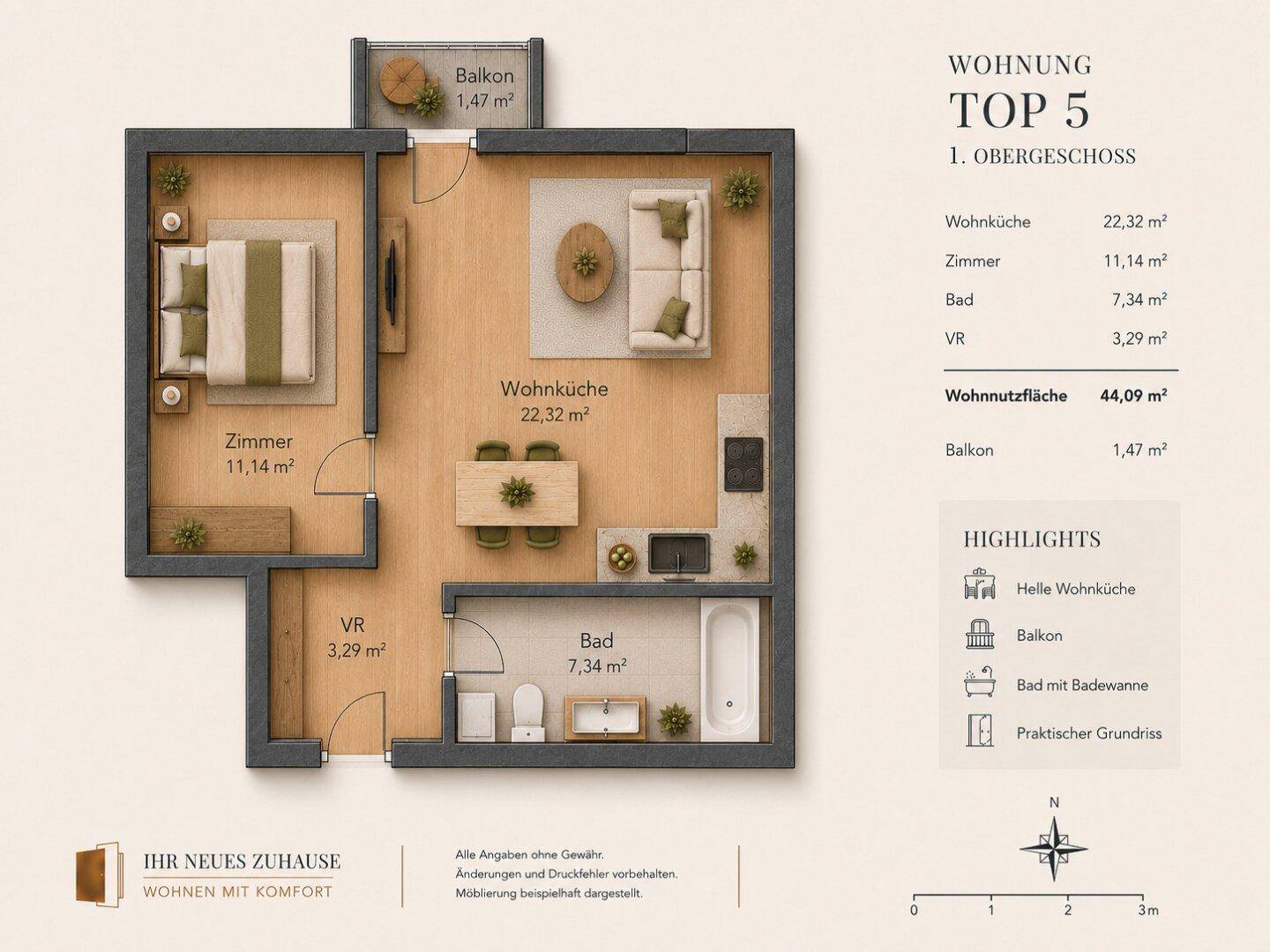 Detaillierter Grundriss einer Wohnung im ersten Obergeschoss mit Balkon und Wohnküche.