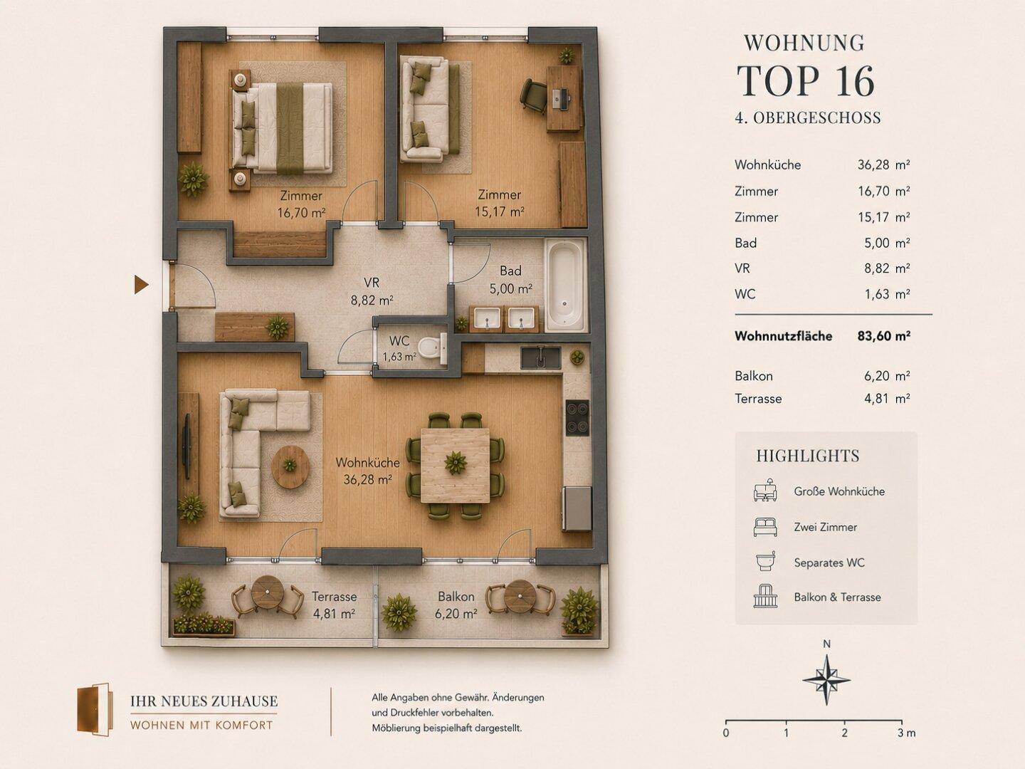 Detaillierter Grundriss der Wohnung Top 16 im 4. Obergeschoss mit Balkon und Terrasse.