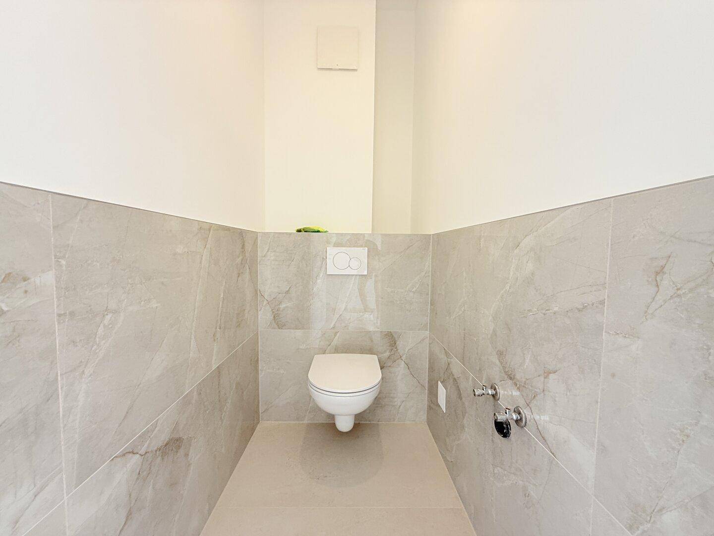 Modernes Gäste-WC mit wandhängender Toilette und hellgrauen Fliesen an den Wänden, sehr gepflegt.