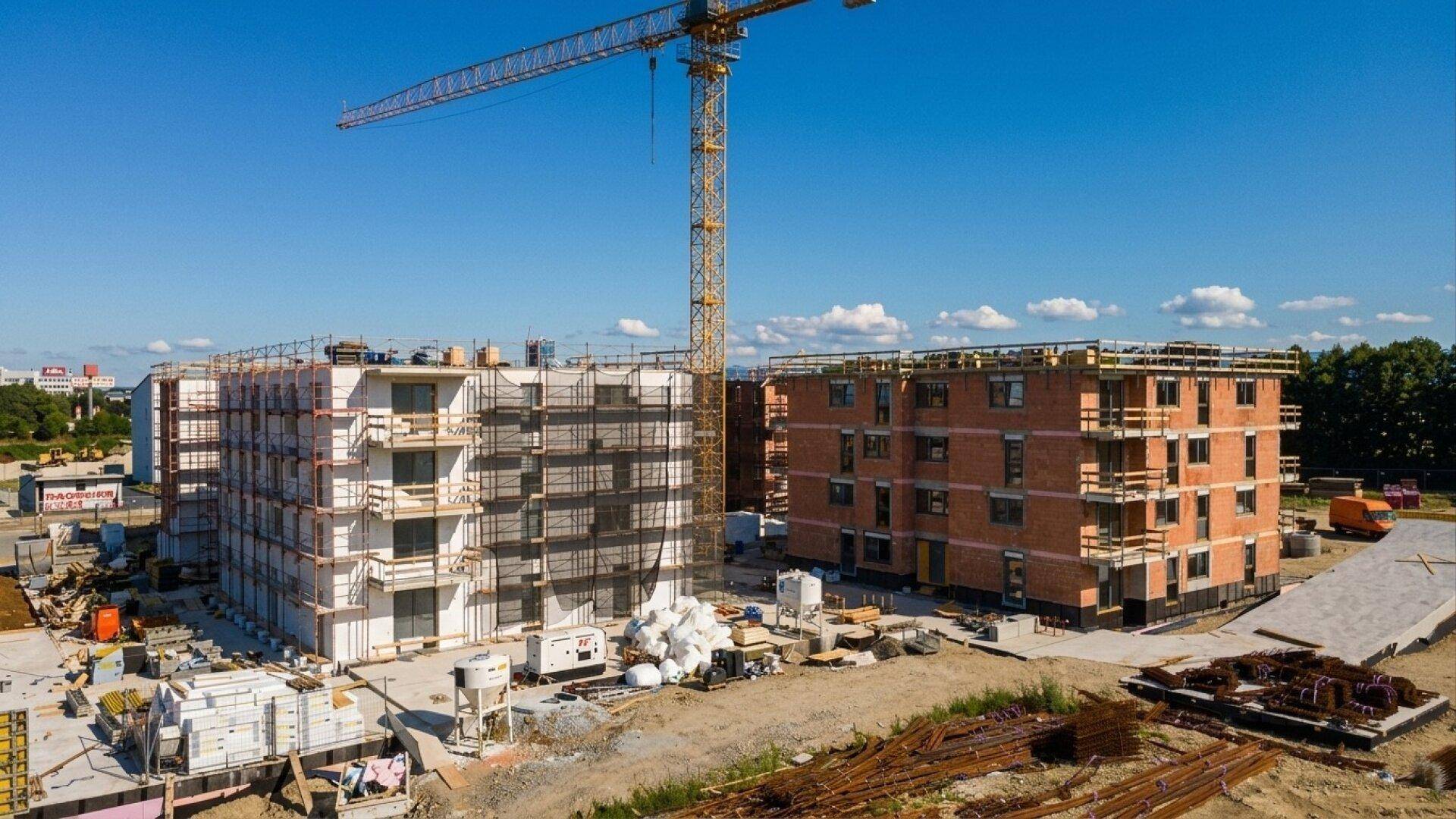 Luftaufnahme einer Baustelle mit zwei im Bau befindlichen Mehrfamilienhäusern unter strahlend blauem Himmel.