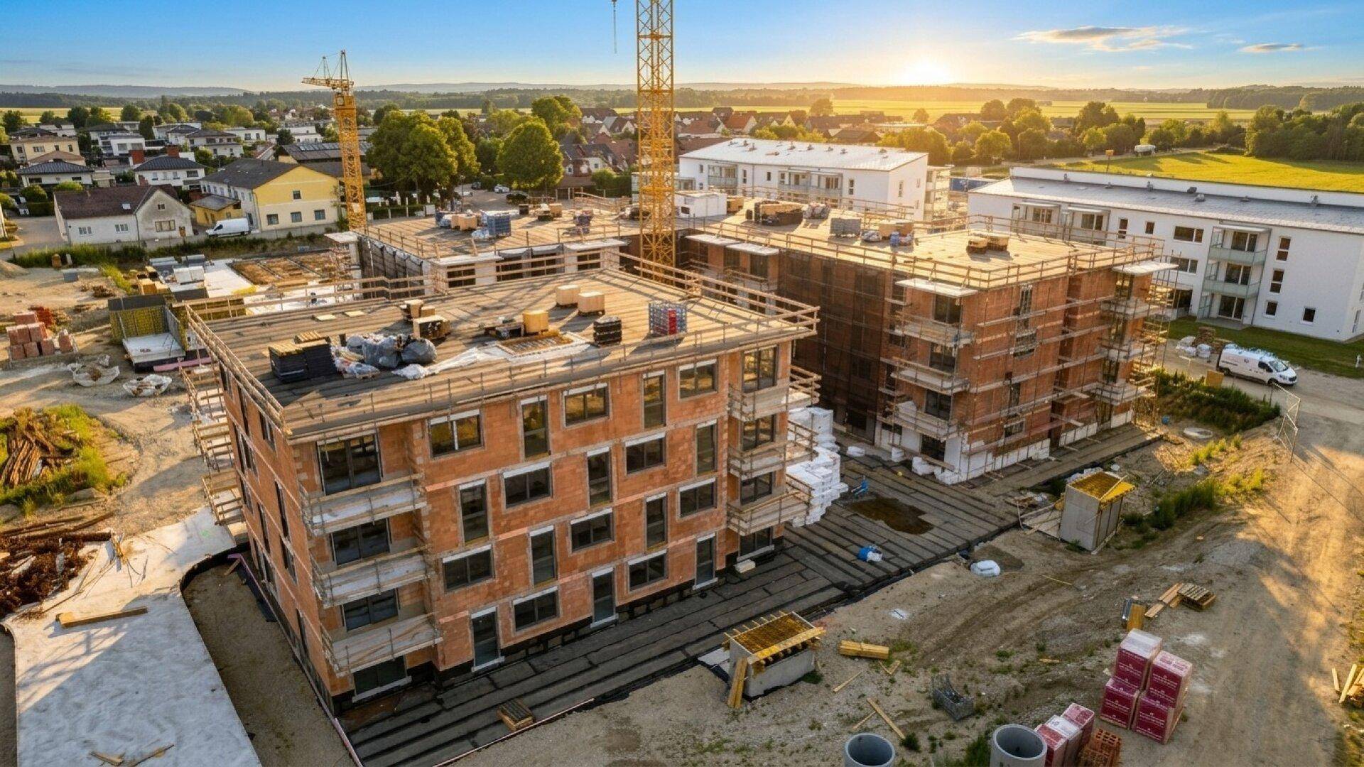 Baustelle bei Sonnenuntergang mit neuen Wohngebäuden und Kränen, umgeben von ländlicher Bebauung.