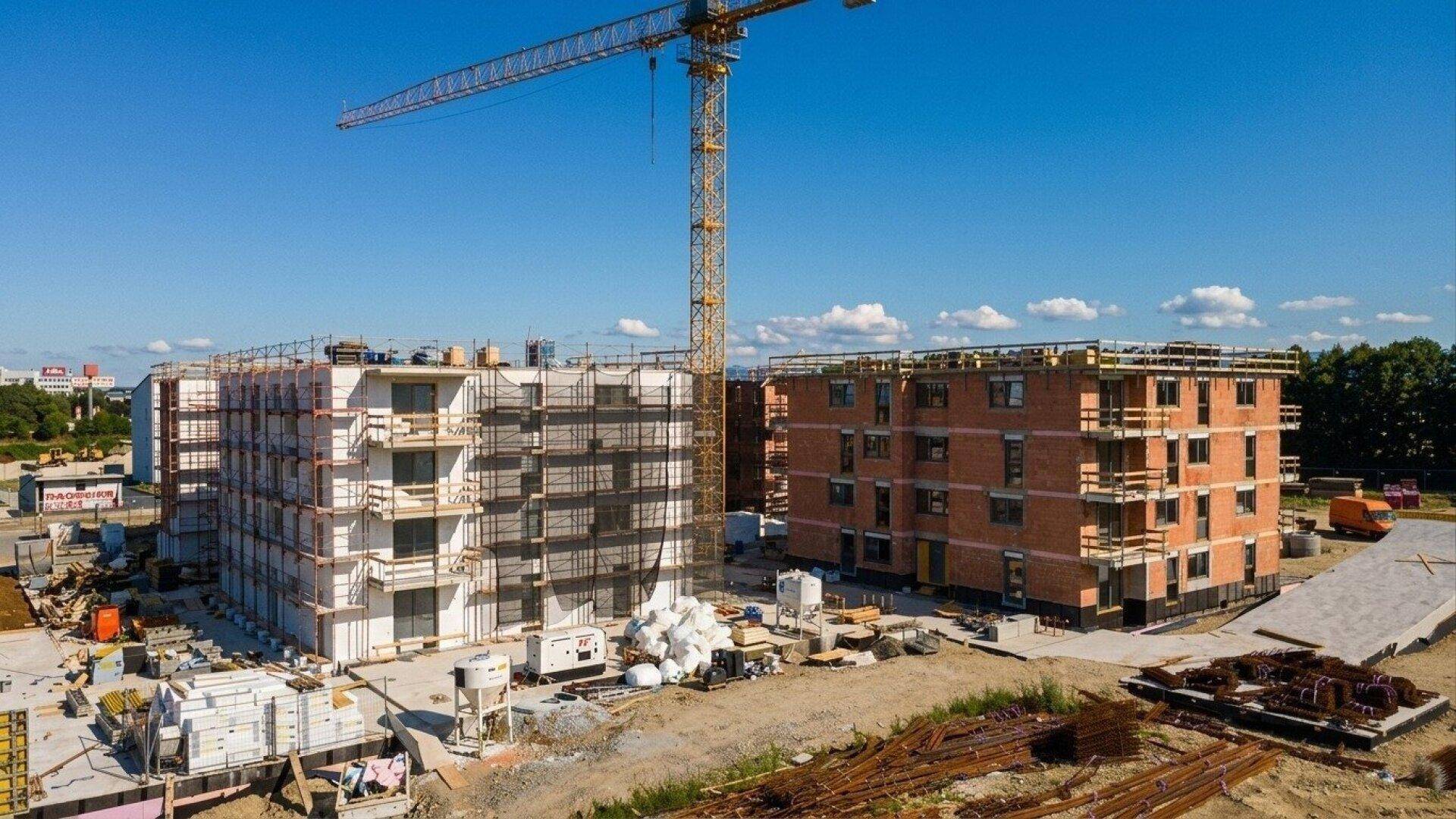 Baustelle mit zwei im Bau befindlichen Gebäuden, eines davon bereits isoliert, unter klarem blauem Himmel.