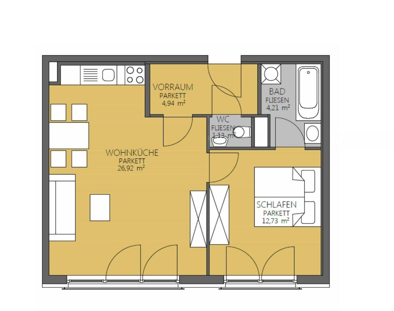 Übersichtlicher Grundriss einer Wohnung mit Wohnküche, Schlafzimmer, Bad und separatem WC.