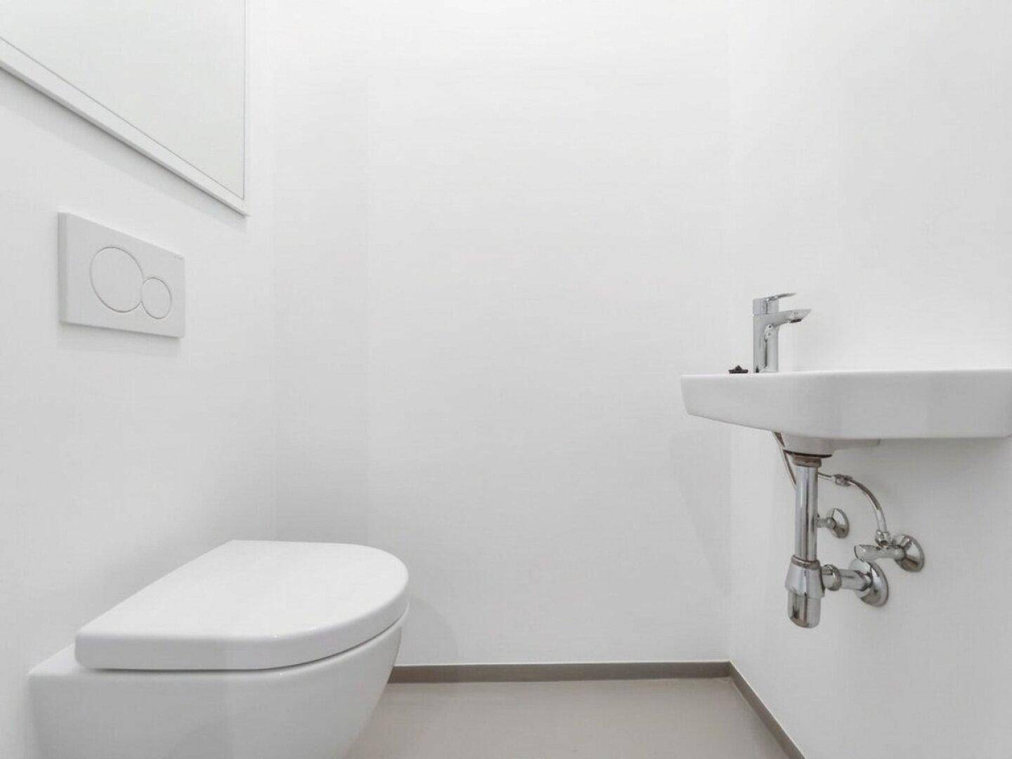 Modernes Gäste-WC mit wandhängender Toilette und kleinem Waschbecken.