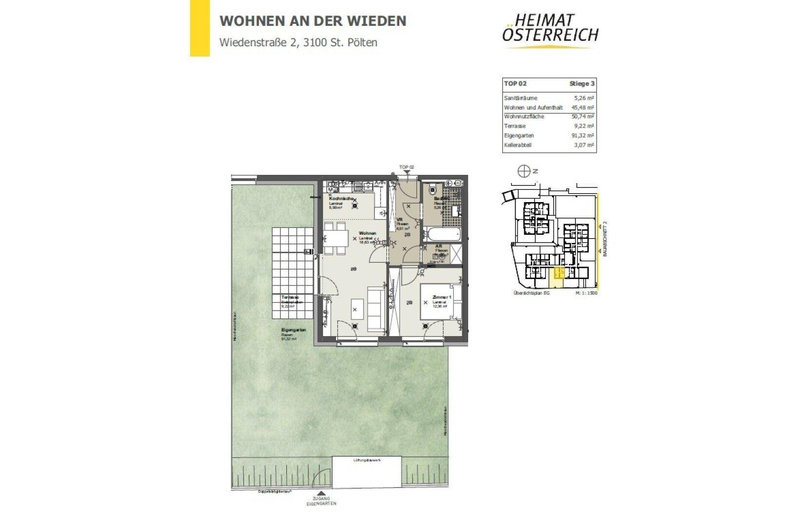 Grundriss einer Wohnung mit Garten, Terrasse, Schlafzimmer und offenem Wohnbereich.