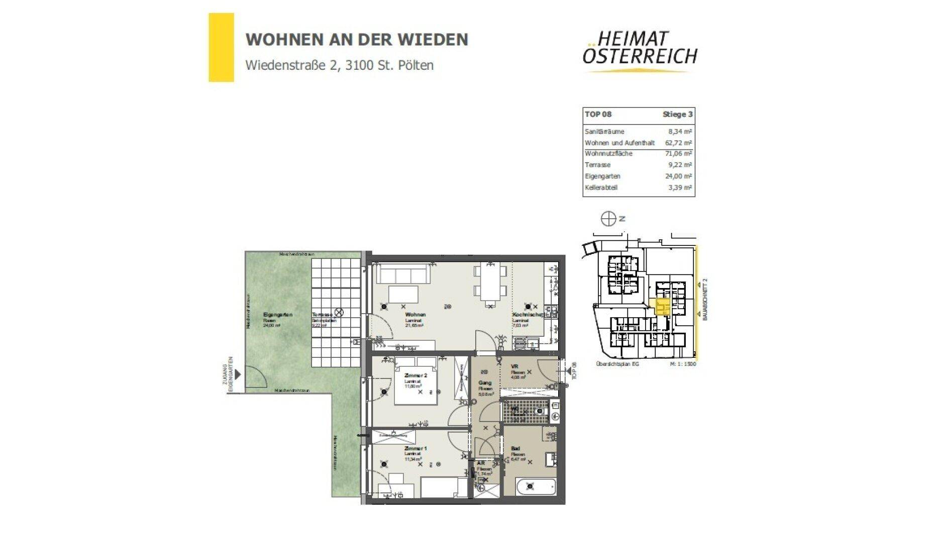 Grundriss einer Wohnung mit Garten, Terrasse und drei Zimmern.