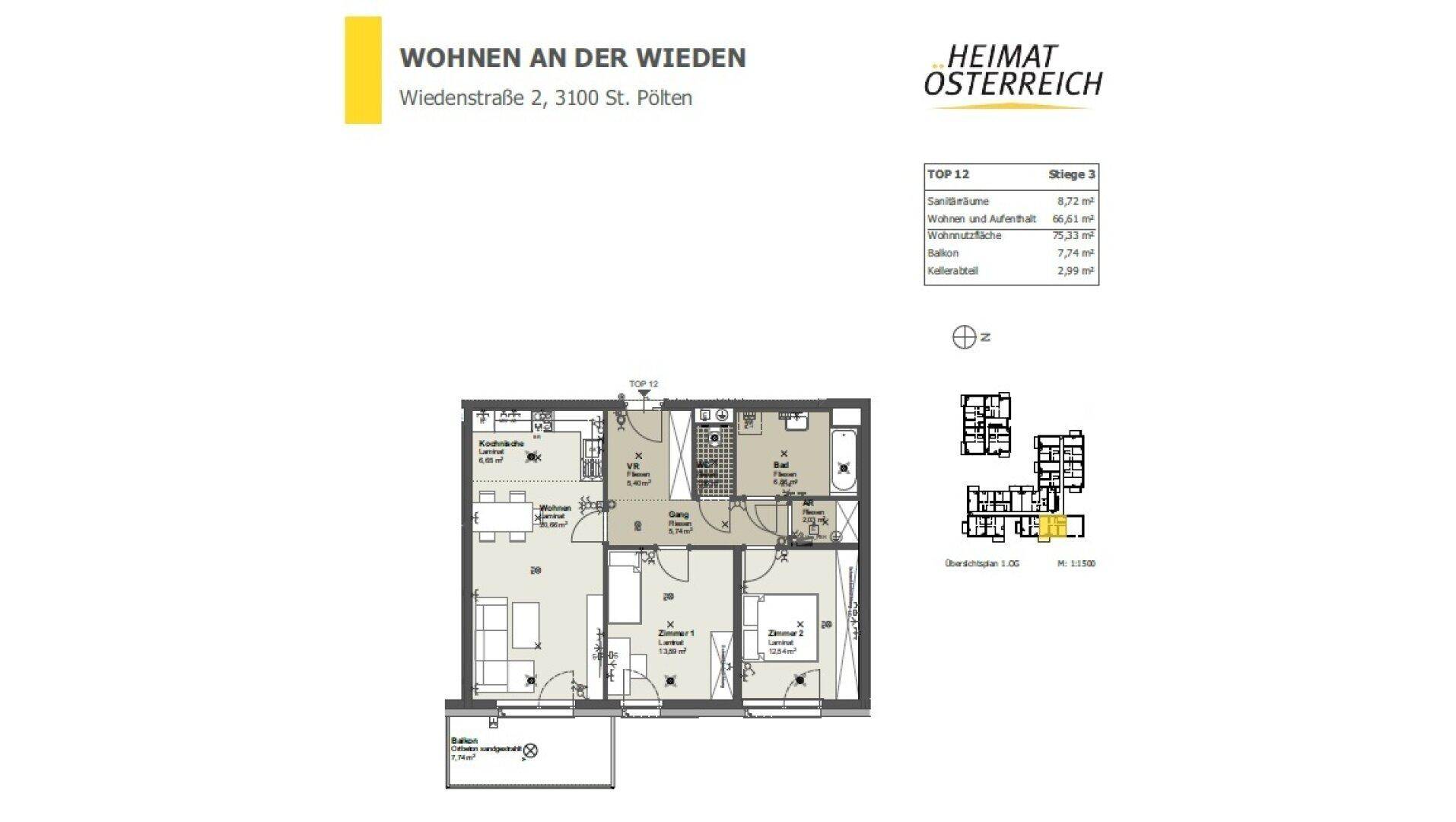 Grundriss der Wohnung TOP 12 mit drei Zimmern und Balkon.