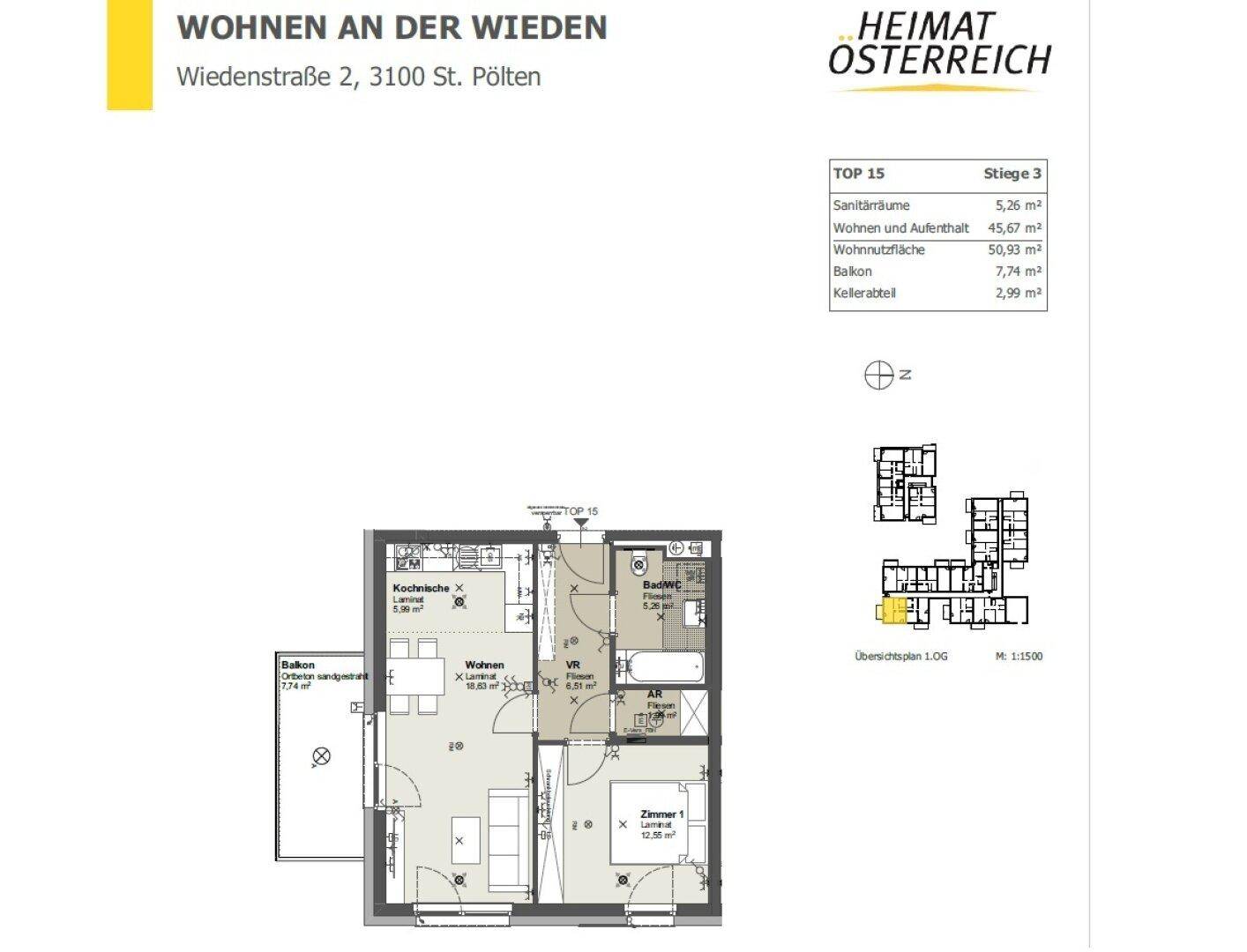 Detaillierter Grundriss einer Wohnung mit Wohnbereich, Schlafzimmer, Bad und Balkon.