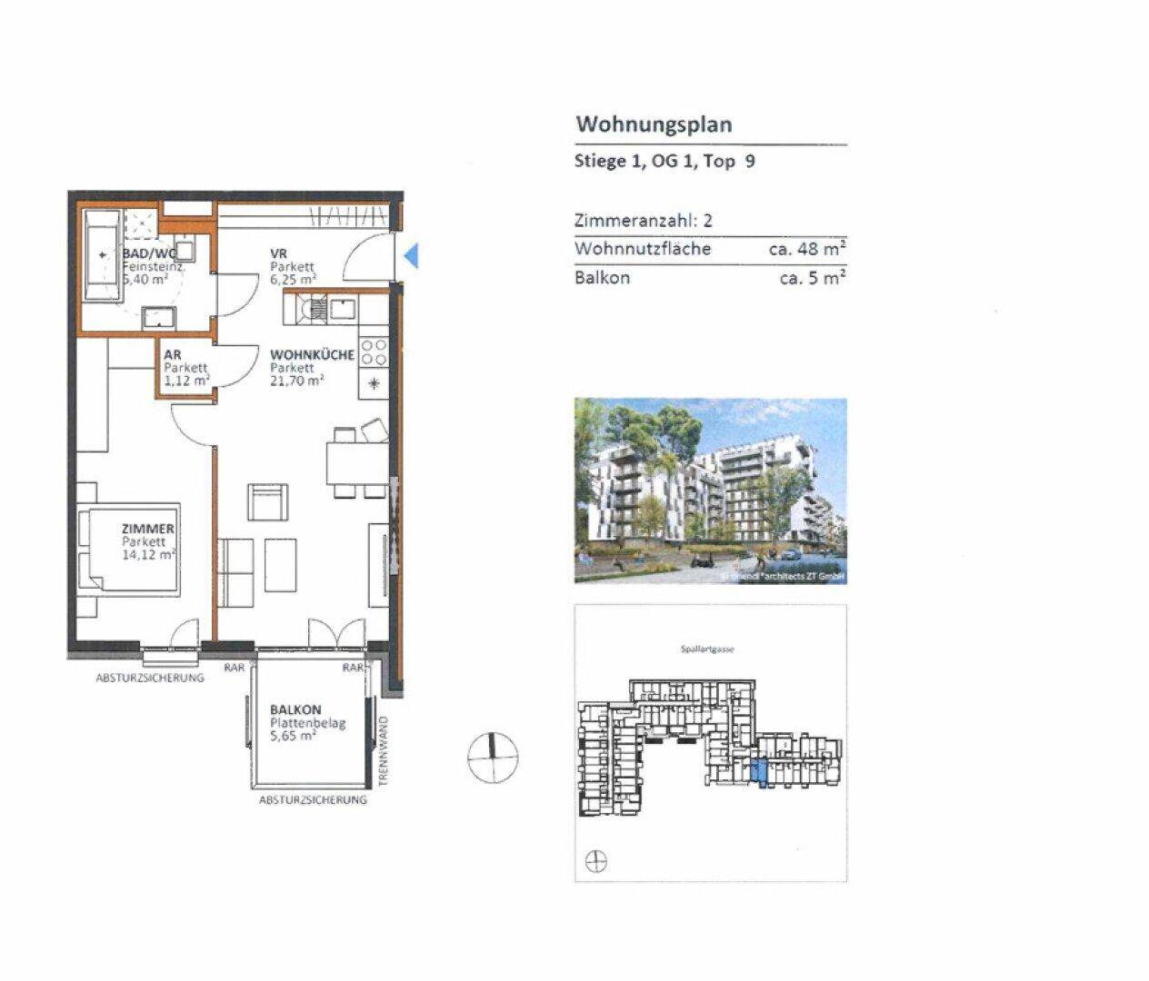 Grundriss einer Wohnung mit zwei Zimmern, Wohnküche und Balkon, ca. 48 m² Wohnnutzfläche.