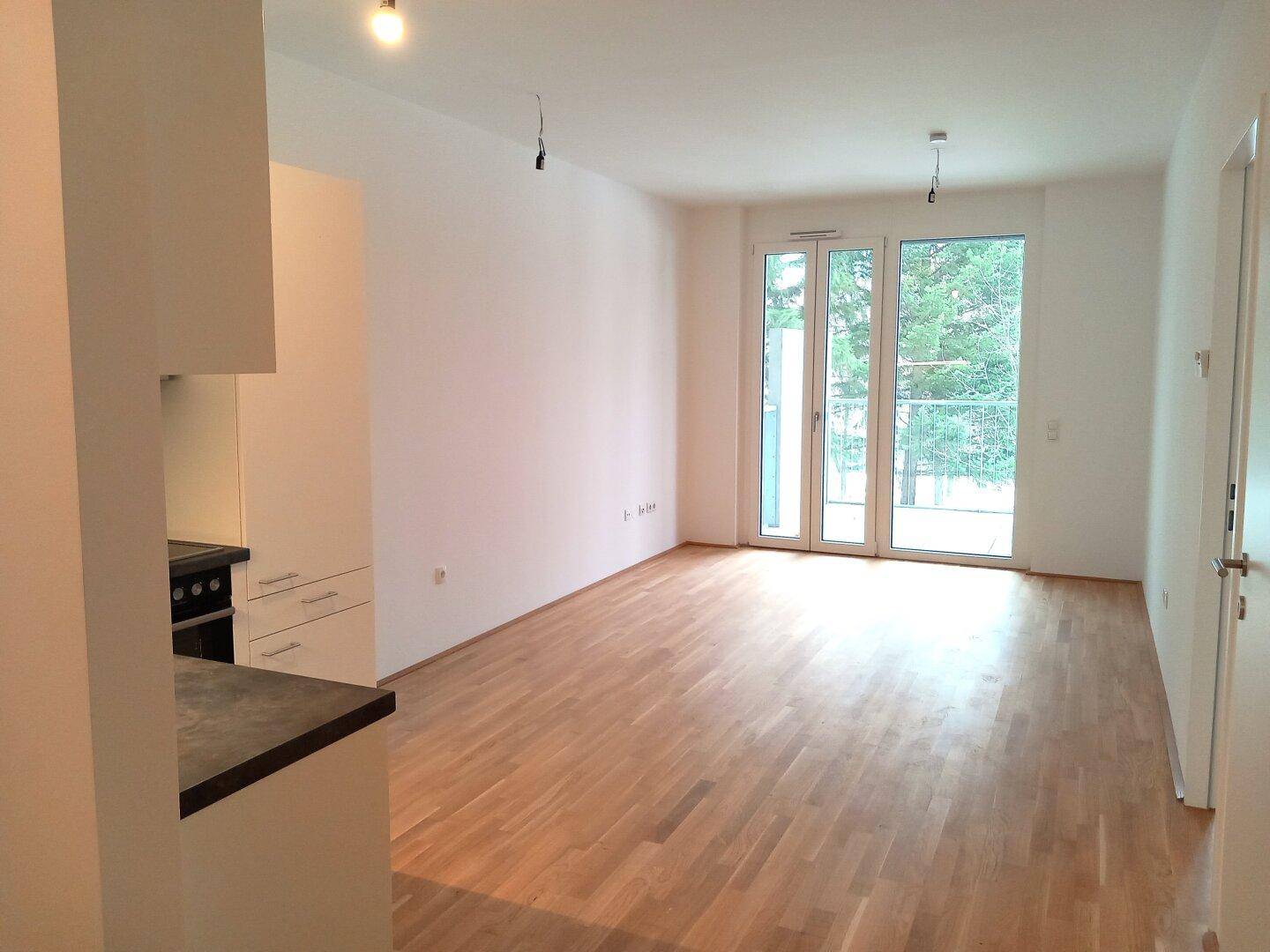 Heller Wohnbereich mit Parkettboden und Zugang zu einem Balkon, ideal für offenes Wohnen.