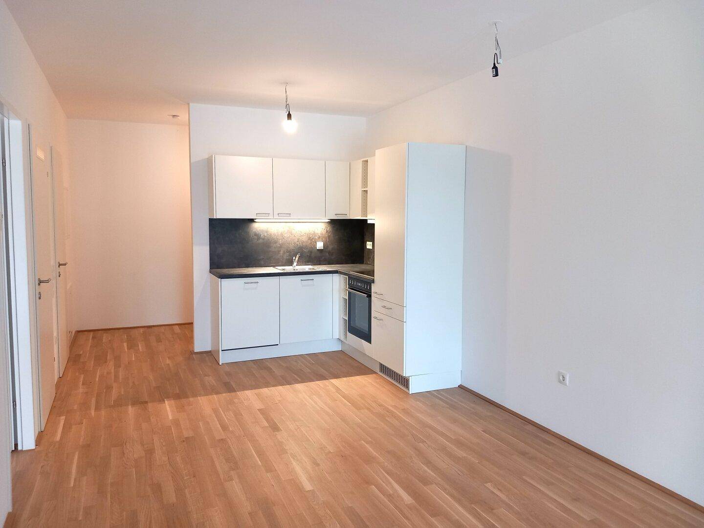 Moderne Einbauküche mit weißen Schränken und dunkler Arbeitsplatte in einem offenen Wohnbereich.