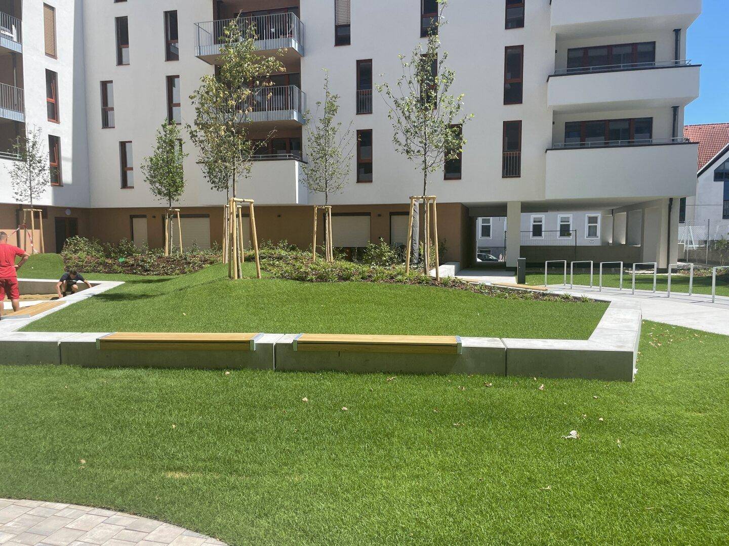 Attraktiver Gemeinschaftsgarten mit frischem Rasen und jungen Bäumen, ideal zum Entspannen.