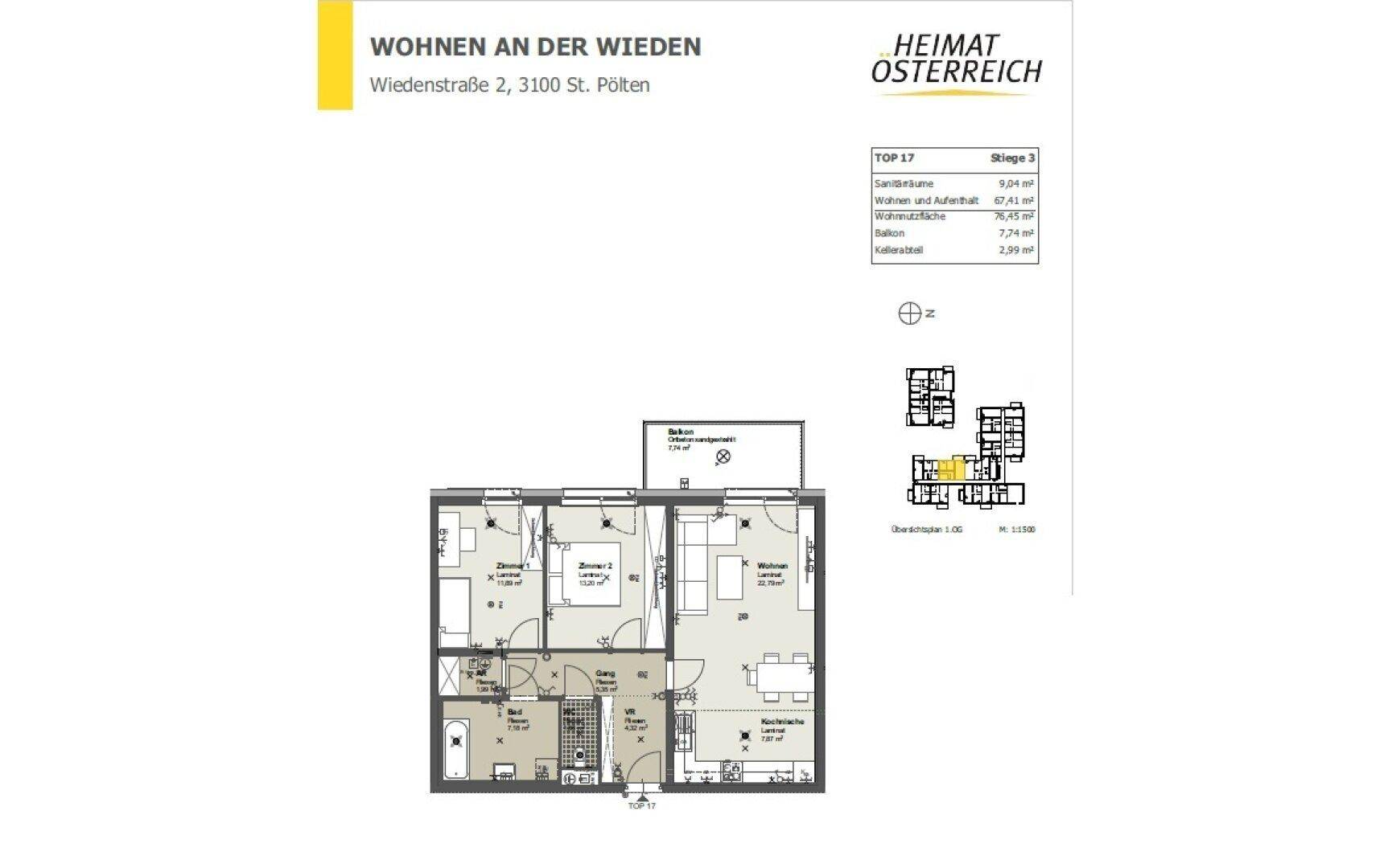 Grundriss einer Wohnung mit drei Zimmern, Bad, separatem WC und Balkon.