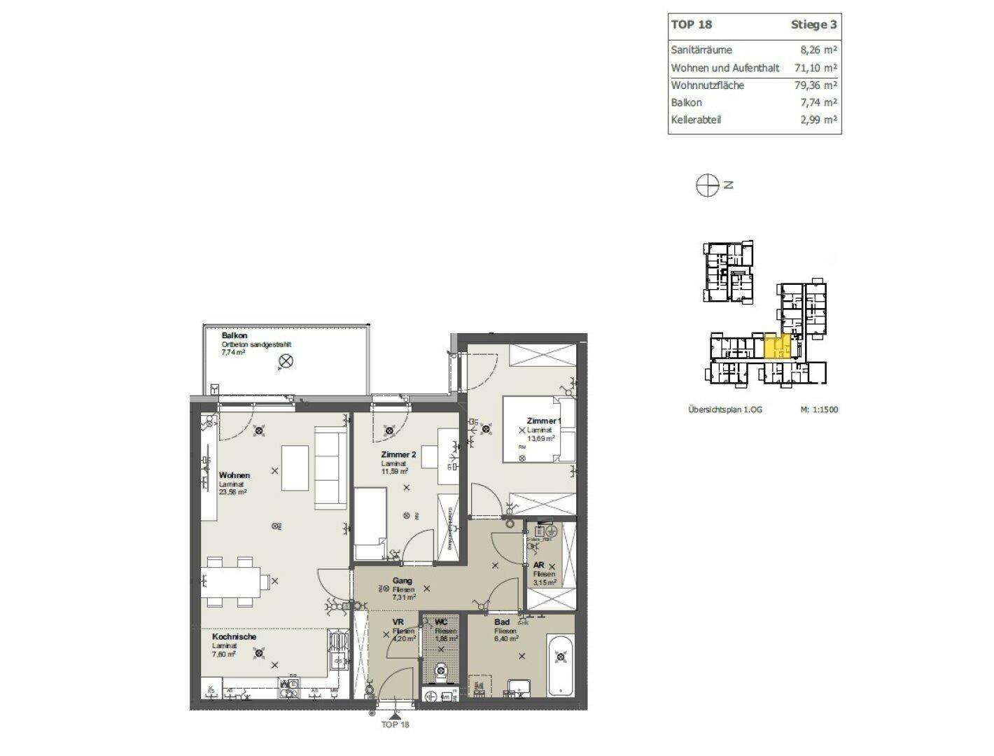 Grundriss einer Wohnung mit drei Zimmern, einem Balkon und separatem WC.