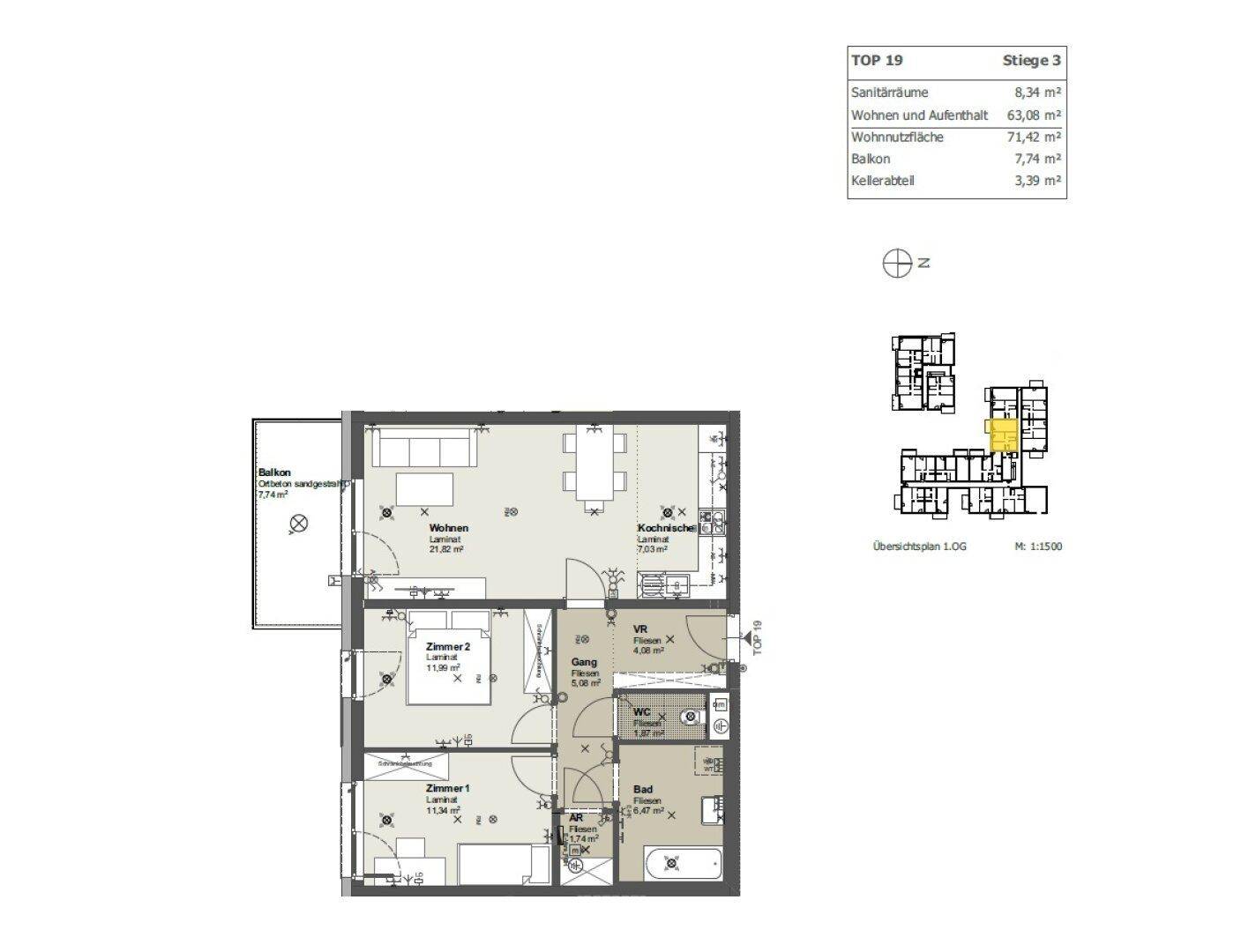 Grundriss einer Wohnung mit drei Zimmern, offenem Wohnbereich und Balkon.