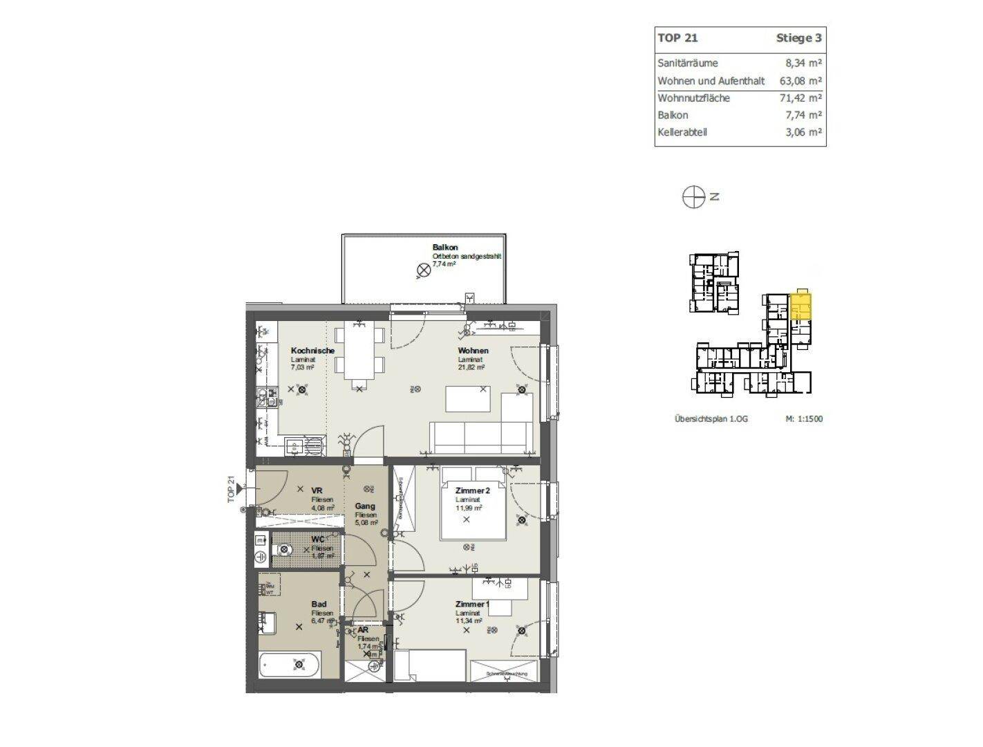 Detaillierter Grundriss einer Wohnung mit drei Zimmern, Bad, WC und Balkon.