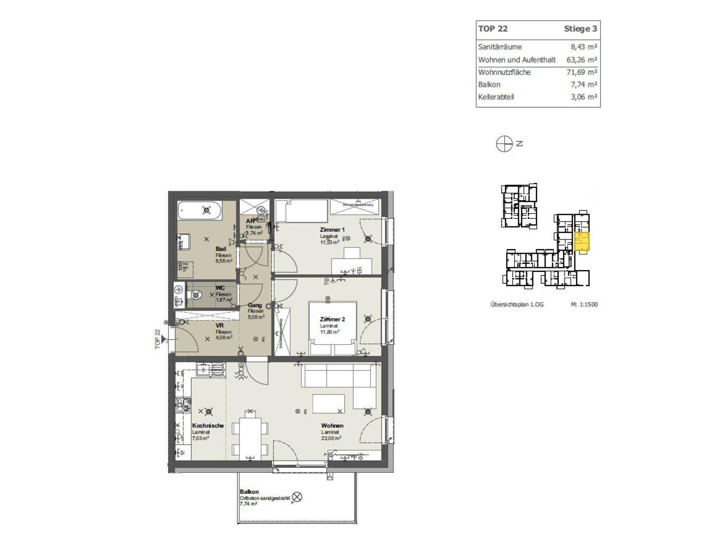 Detaillierter Grundriss einer Wohnung mit zwei Schlafzimmern, offenem Wohnbereich und Balkon.
