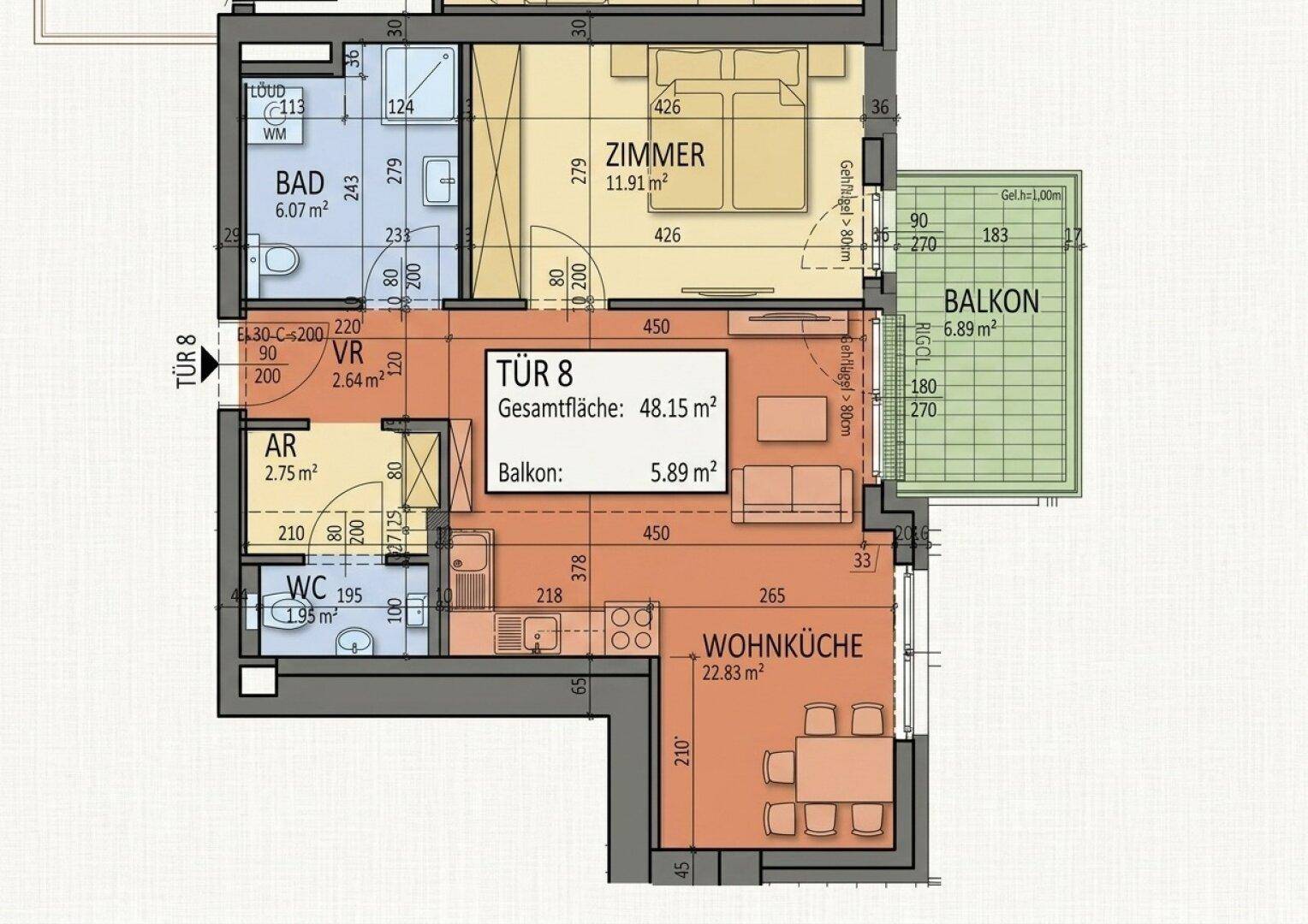 Grundriss einer Wohnung mit Wohnküche, Schlafzimmer, Bad, WC, Abstellraum und Balkon.