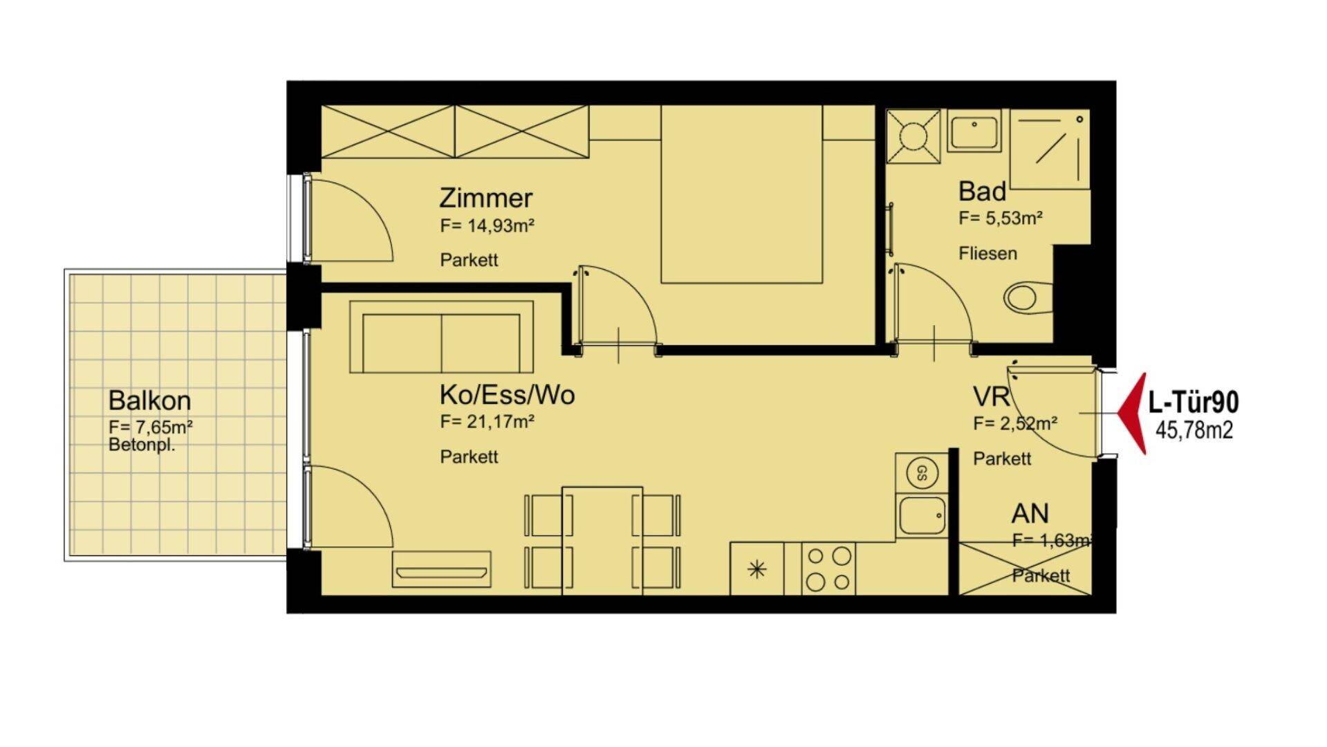 Grundriss einer Wohnung mit einem Zimmer, Bad, Balkon und offenem Wohn-Essbereich.
