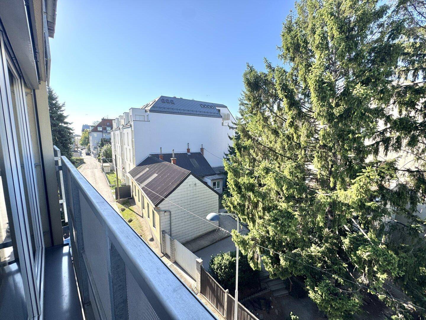 Blick vom Balkon auf die Straße mit umliegenden Gebäuden und einem großen Baum.