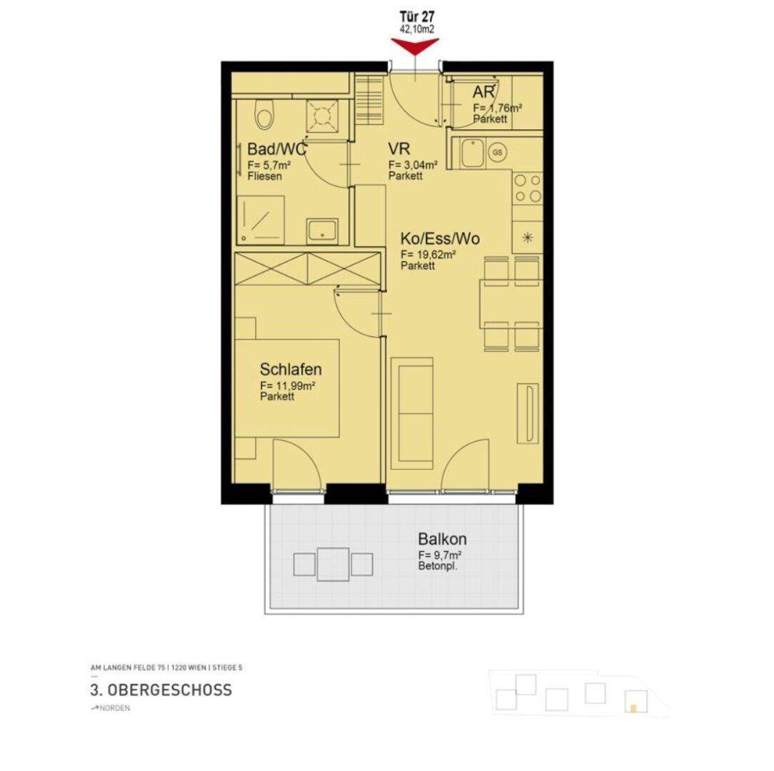 Grundriss einer Wohnung mit einem Schlafzimmer, Bad, Wohn-Essbereich und Balkon.