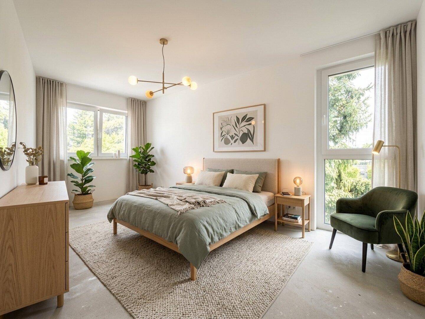 Ruhiges Schlafzimmer mit Holzbett, Teppich und großen Fenstern mit Blick ins Grüne.