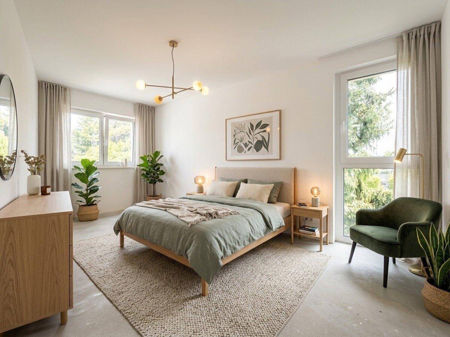 Helles Schlafzimmer mit großen Fenstern, modernem Bett und minimalistischer Einrichtung, Blick ins Grüne.