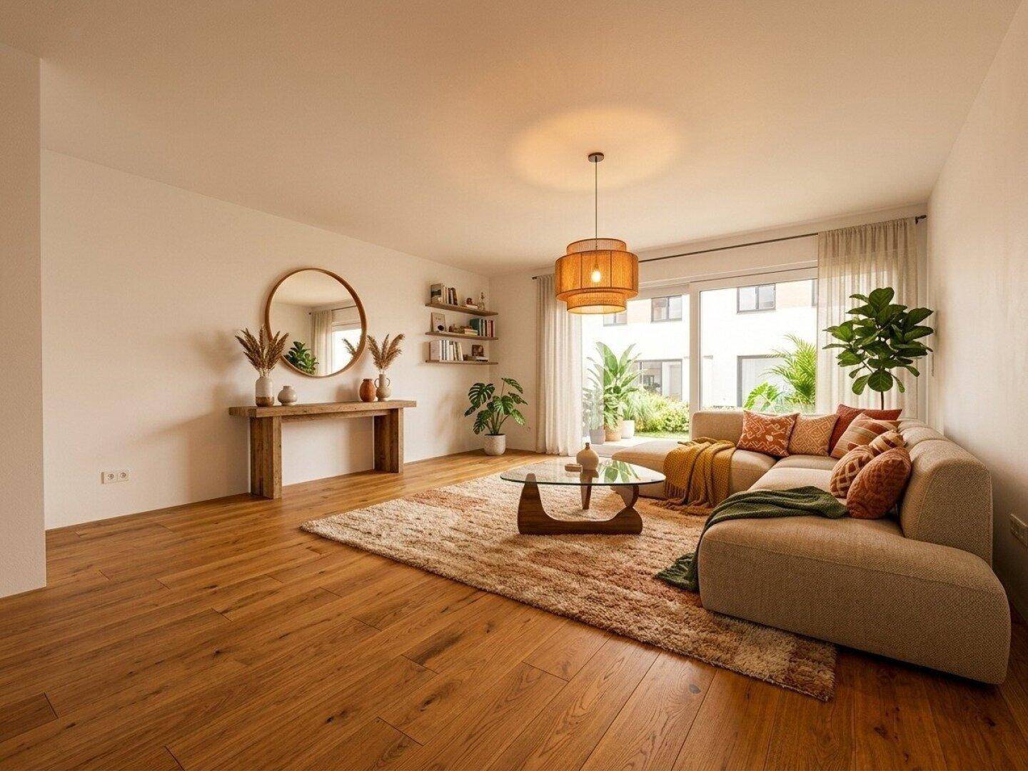 Gemütliches Wohnzimmer mit Holzboden, bequemer Couch und modernem Dekor, viel Tageslicht.