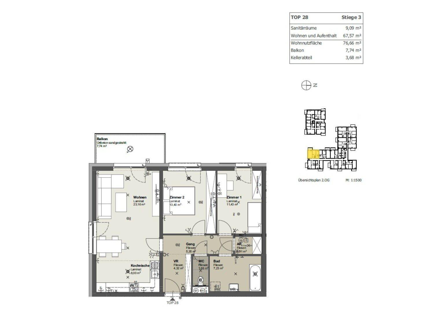 Detaillierter Grundriss einer Wohnung mit Wohnbereich, zwei Schlafzimmern, Bad, WC und Balkon.