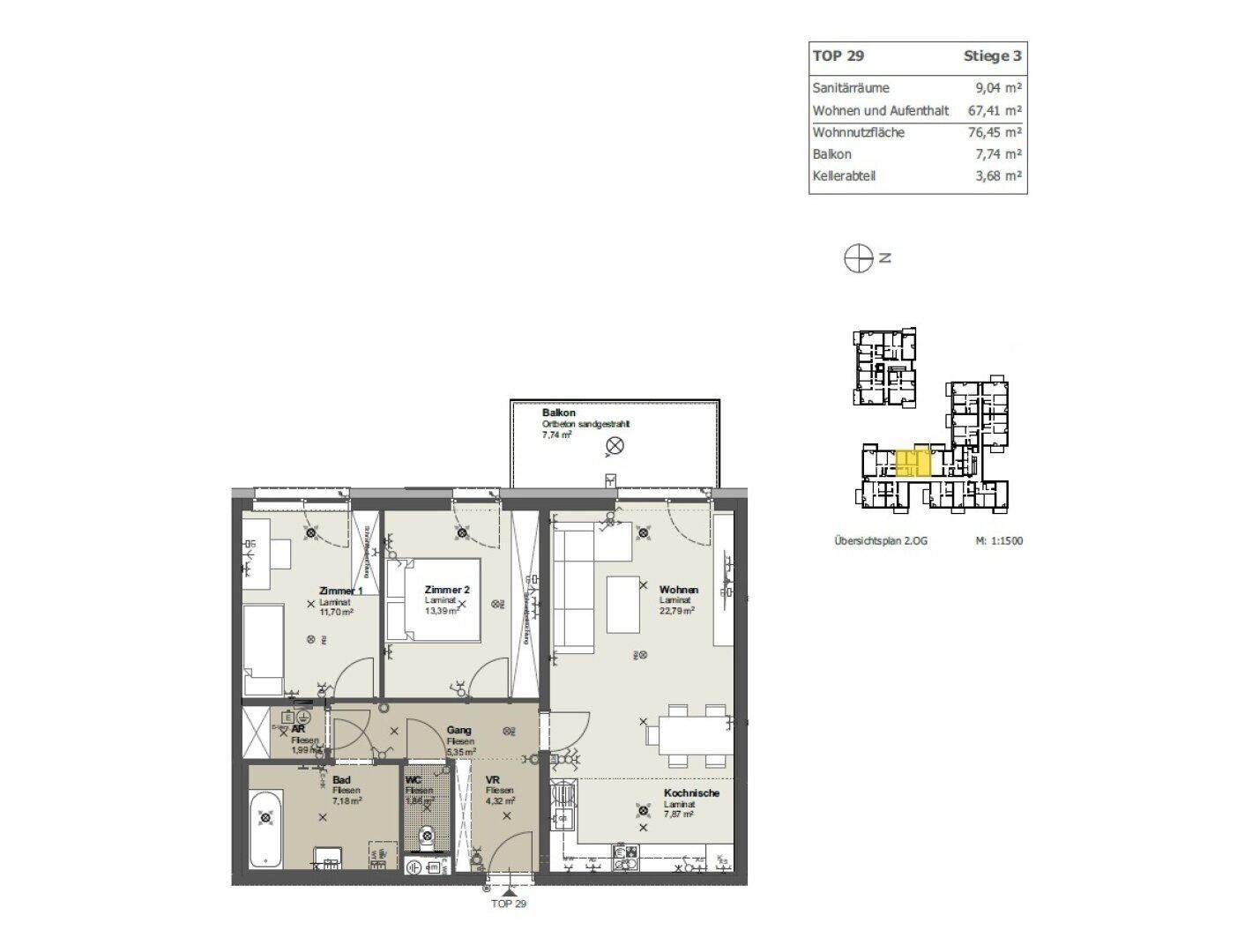 Detaillierter Grundriss einer Wohnung mit zwei Zimmern, Wohnbereich, Küche und Balkon.