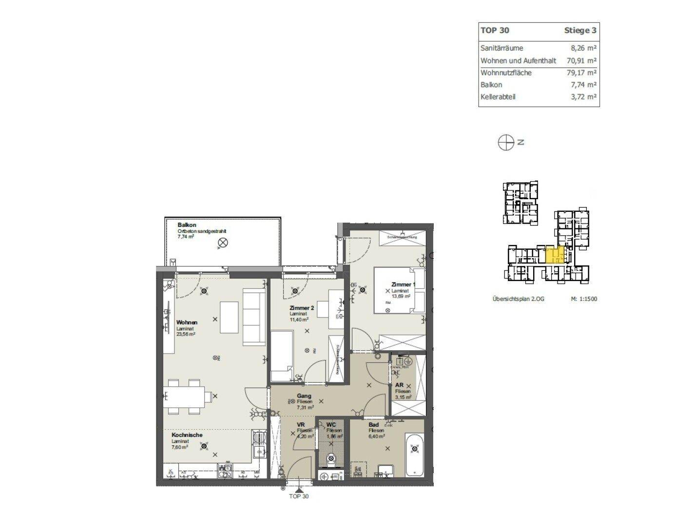 Grundriss einer Wohnung mit Wohnzimmer, Küche, zwei Schlafzimmern und Balkon.