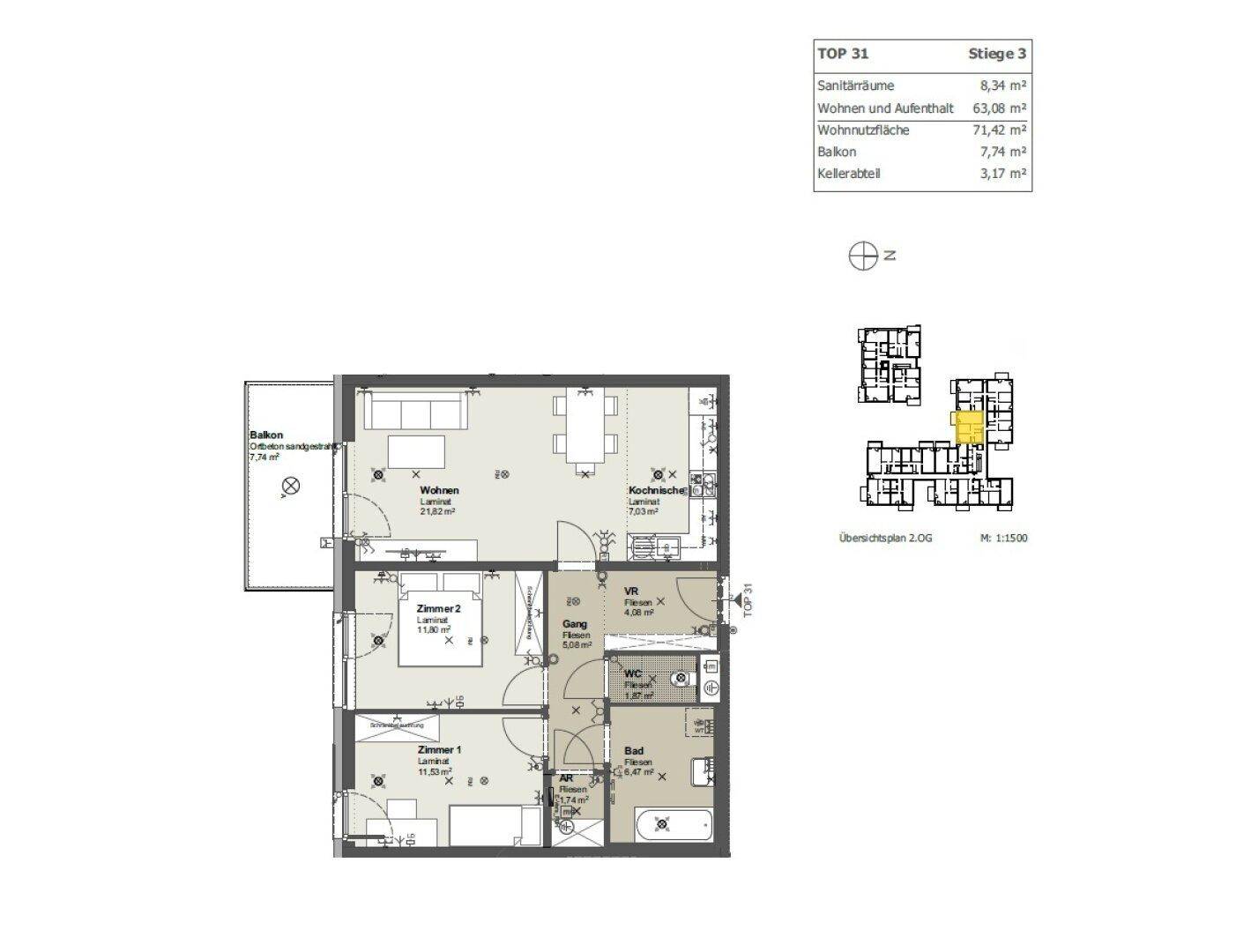 Grundriss der Wohnung TOP 31 mit Wohnbereich, zwei Zimmern, Bad und Balkon.