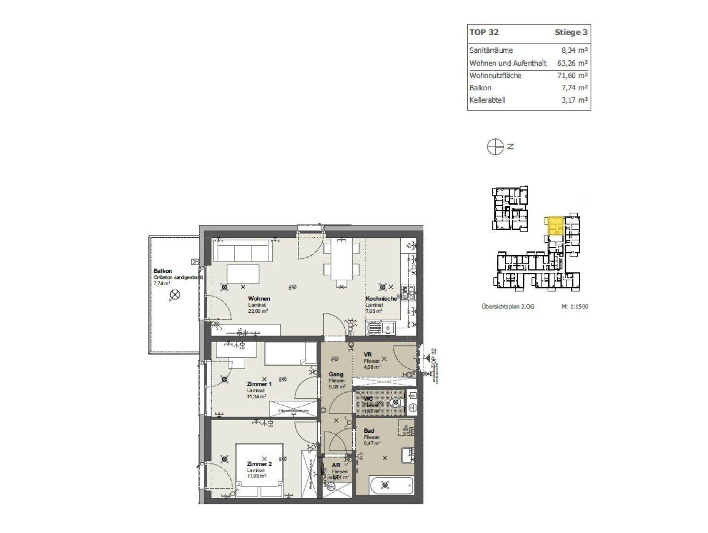 Detaillierter Grundriss einer Wohnung mit zwei Schlafzimmern, offenem Wohnbereich und einem Balkon.