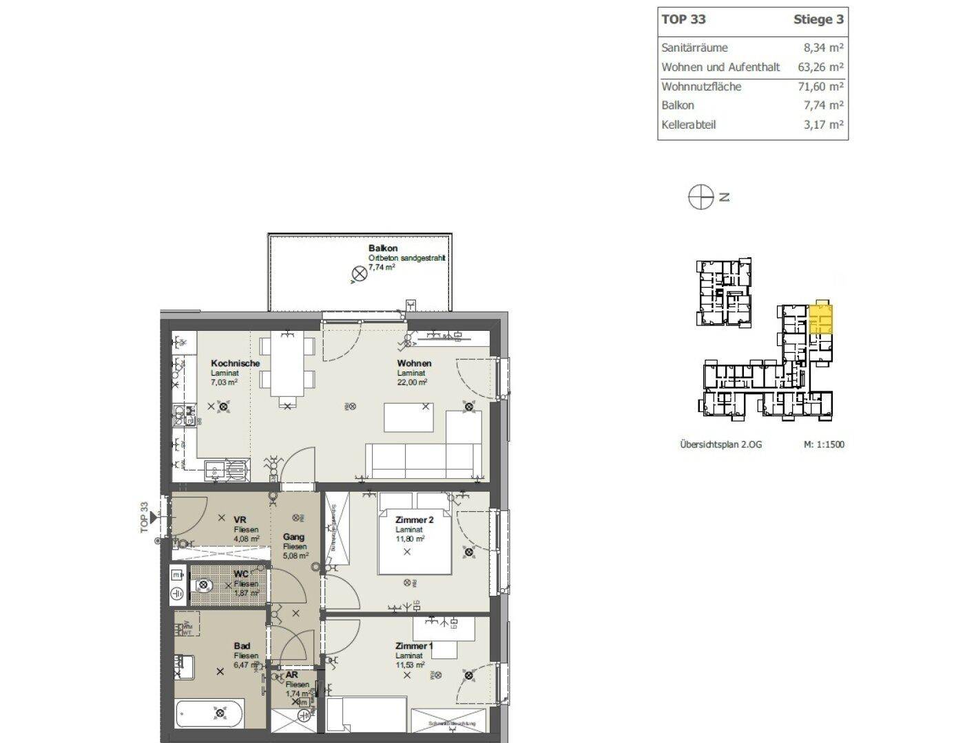 Grundriss der Wohnung TOP 33 mit Balkon, zwei Zimmern und separatem WC.