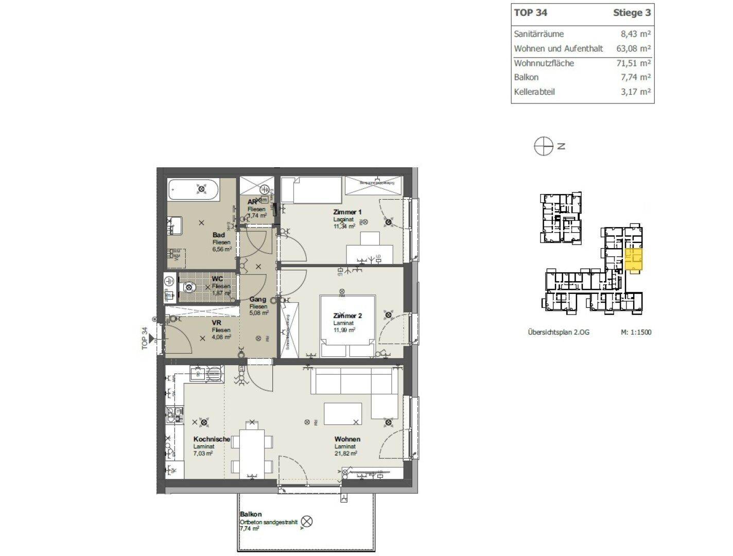 Detaillierter Grundriss der Wohnung TOP 34 mit Wohn-, Schlaf- und Sanitärbereichen sowie Balkon.