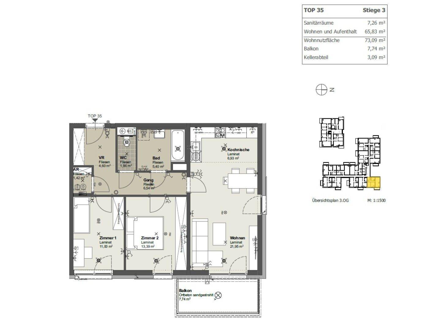 Grundriss einer Wohnung mit zwei Schlafzimmern, offenem Wohnbereich und Balkon.