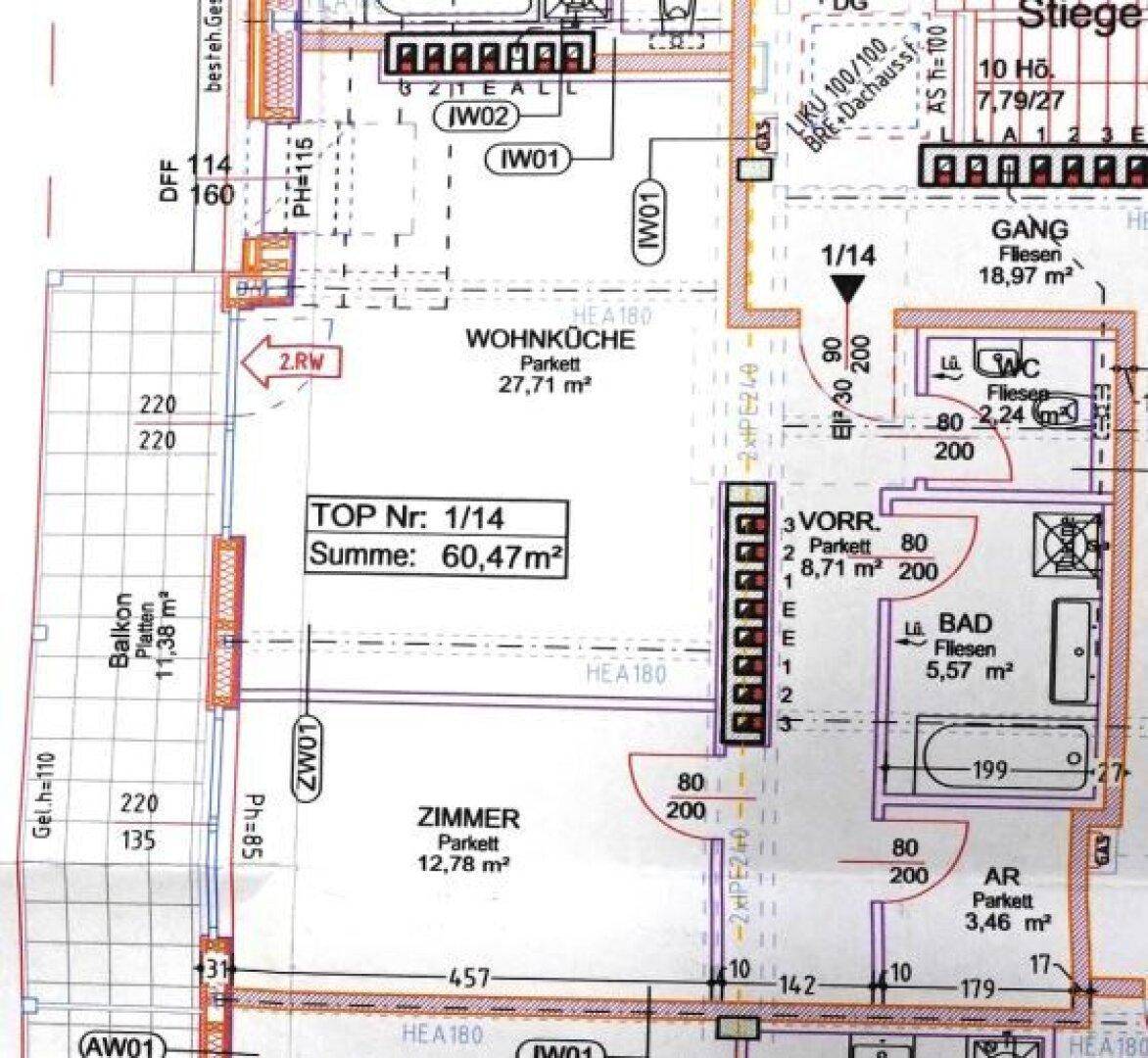 Detaillierter Grundriss einer Wohnung mit Wohnküche, Zimmer und Balkon, Gesamtfläche 60,47m².