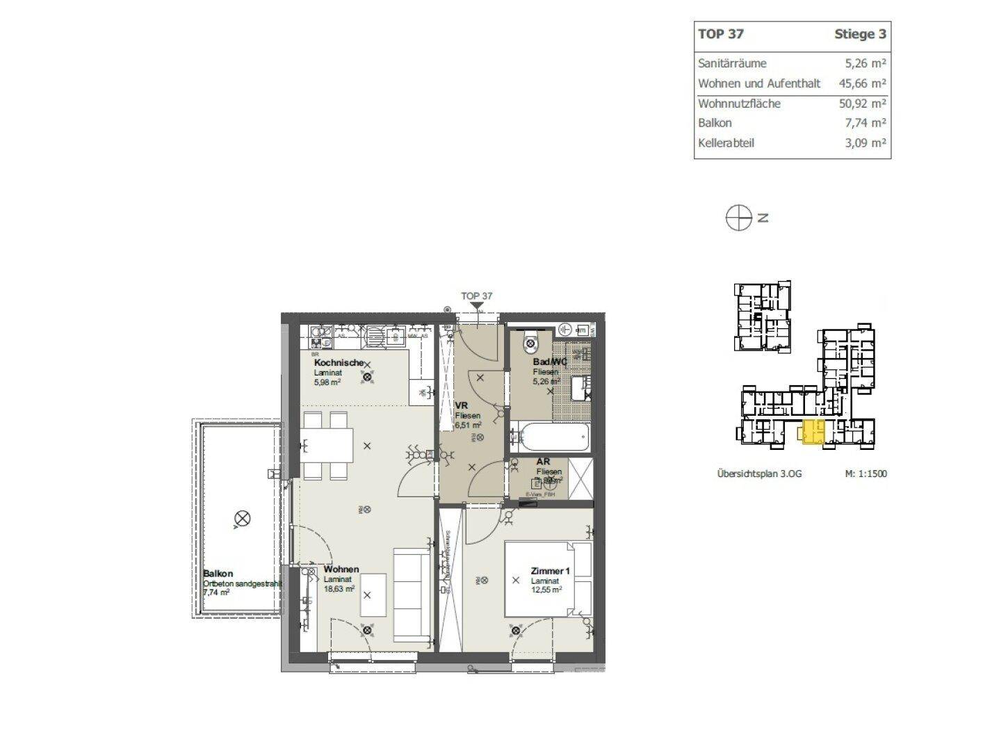 Grundriss einer Wohnung mit Wohnzimmer, Küche, Schlafzimmer und Balkon.